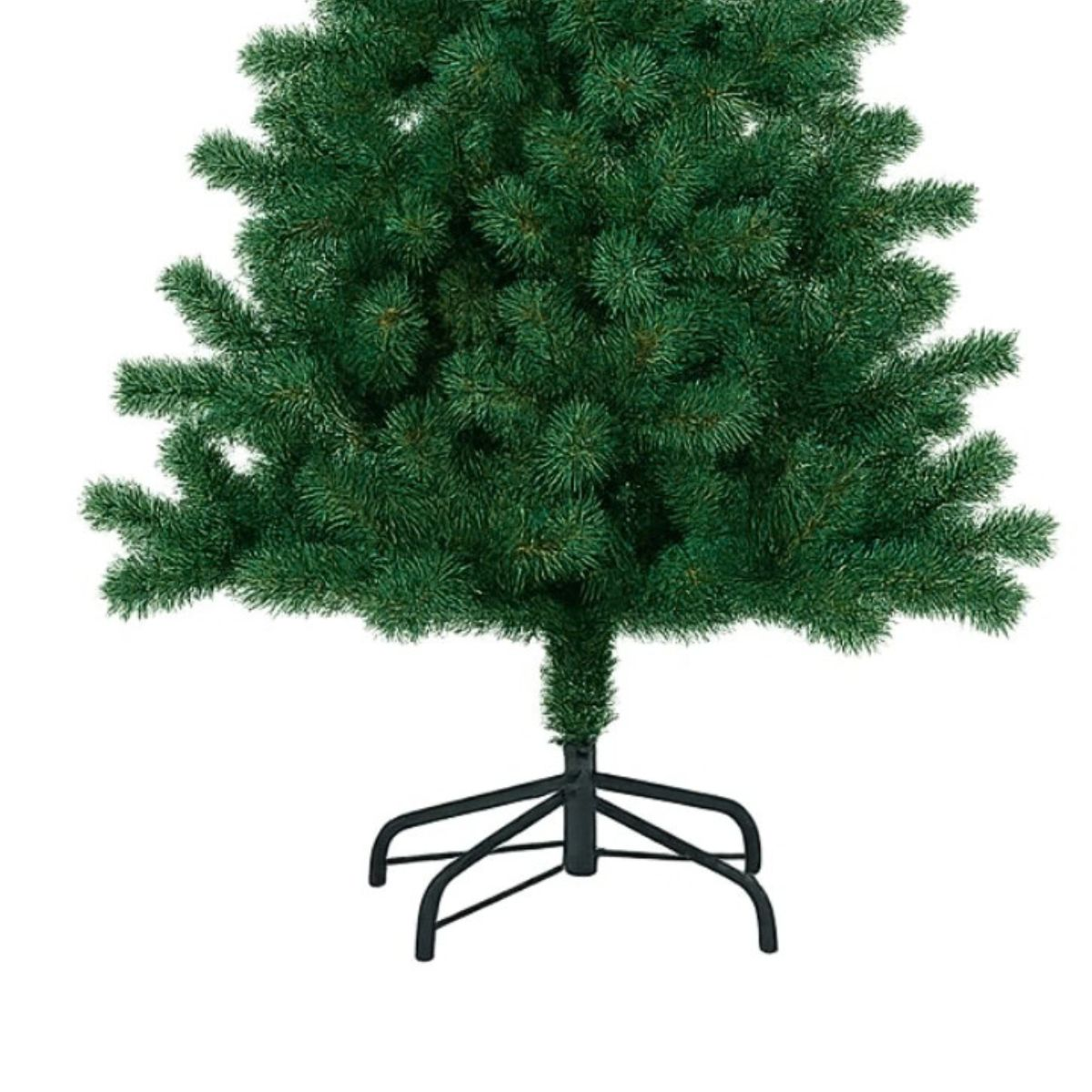 Un sapin de Noël artificiel vert et dense sur un support en métal noir sur fond blanc.