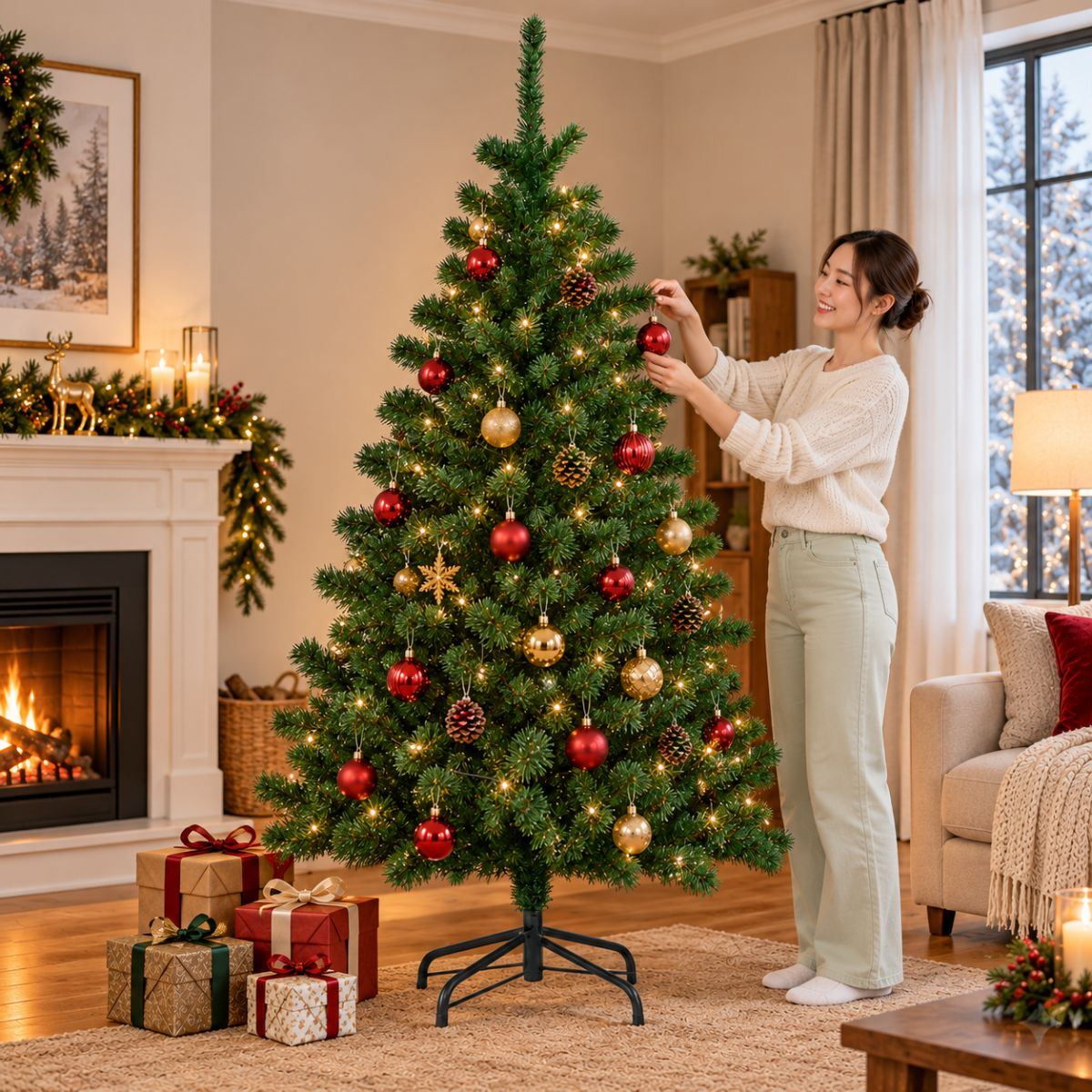 Une femme souriante décore un grand sapin de Noël avec des boules rouges et dorées dans un salon chaleureux.