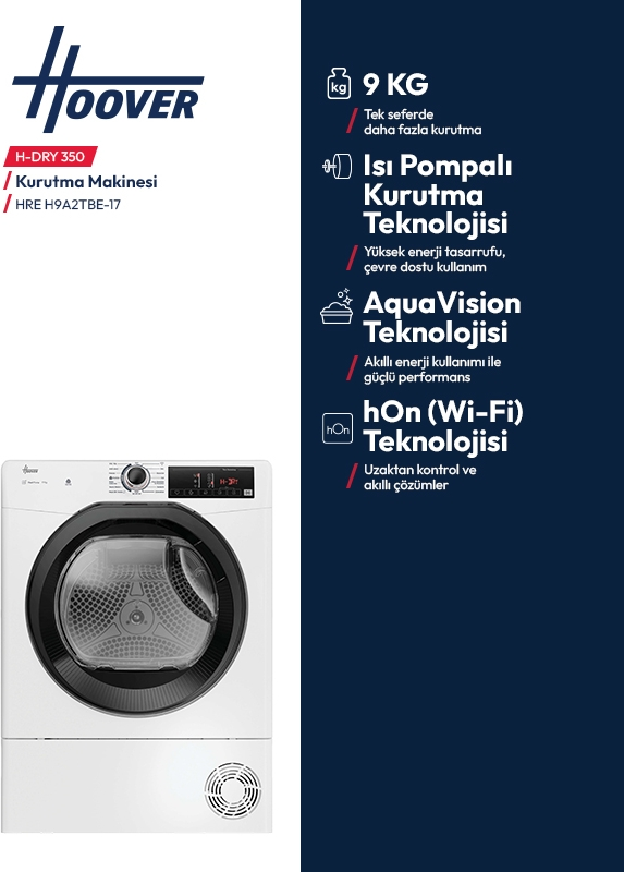 9 kg kapasiteli ve ısı pompalı Hoover H-Dry 350 kurutma makinesi.