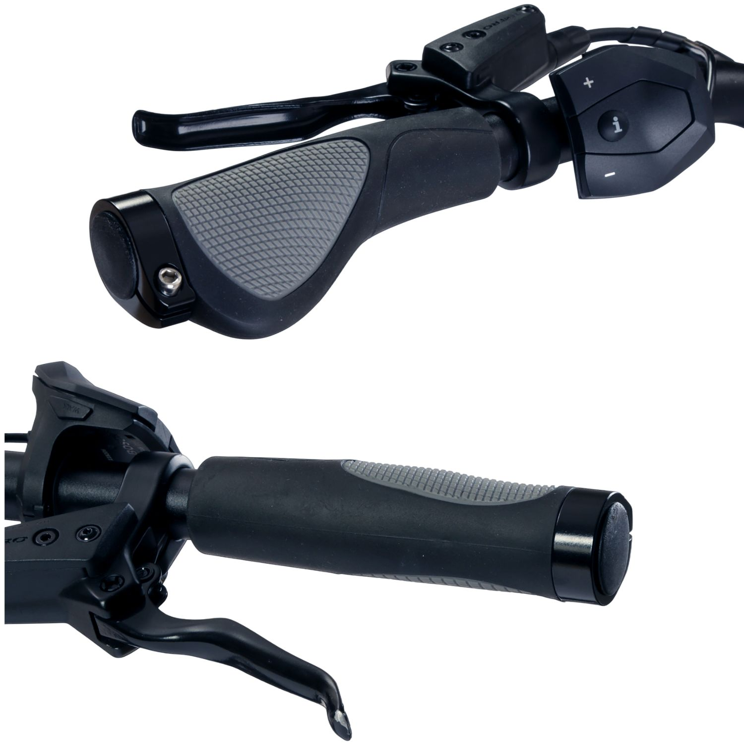 Nahaufnahme eines schwarzen Fahrradlenkers mit ergonomischen Gummigriffen, Bremshebeln und Bedienteil.
