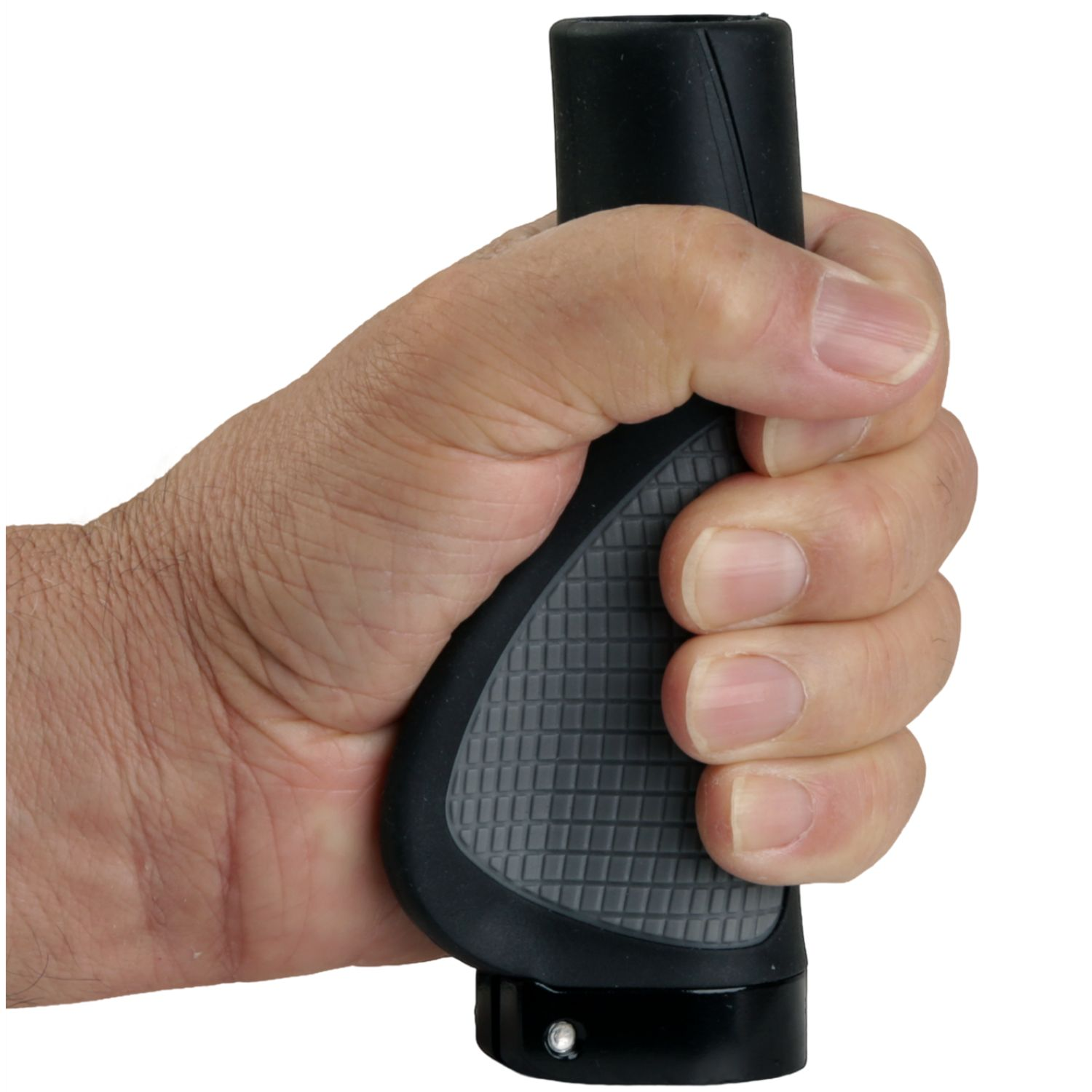 Eine Hand greift einen ergonomischen schwarzen Fahrradgriff mit grauer Gitterstruktur auf weißem Hintergrund.