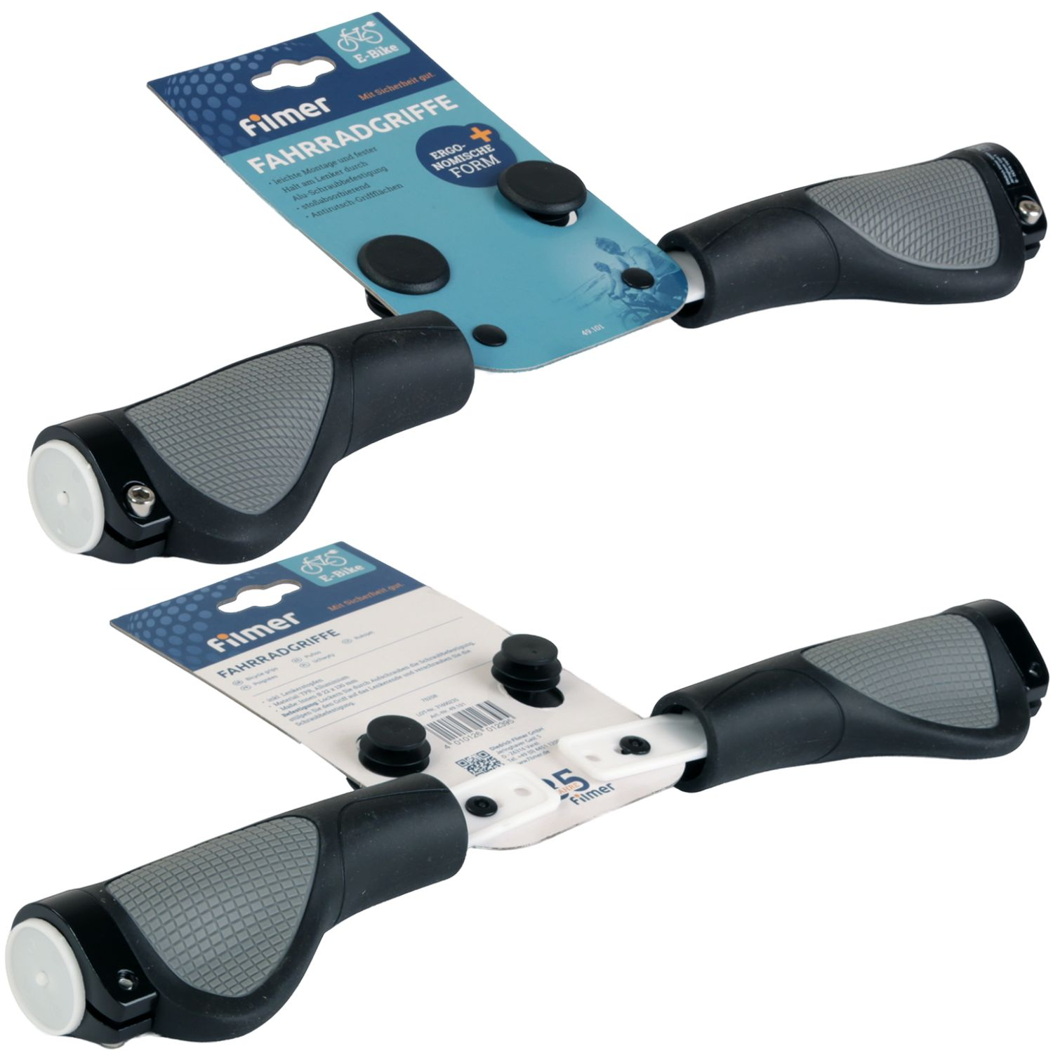 Zwei ergonomische Fahrradgriffe von Filmer in Originalverpackung auf weißem Hintergrund.
