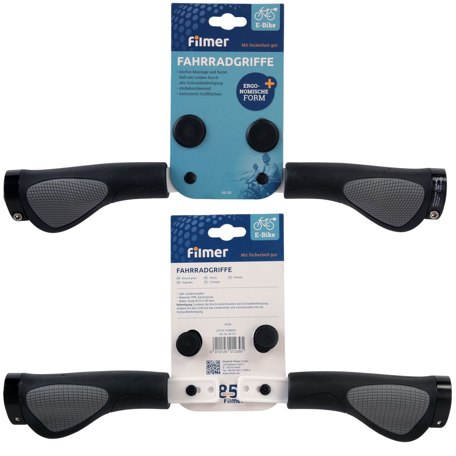 Zwei schwarze ergonomische Fahrradgriffe auf Filmer-Verpackungskarten mit Produktinfos.