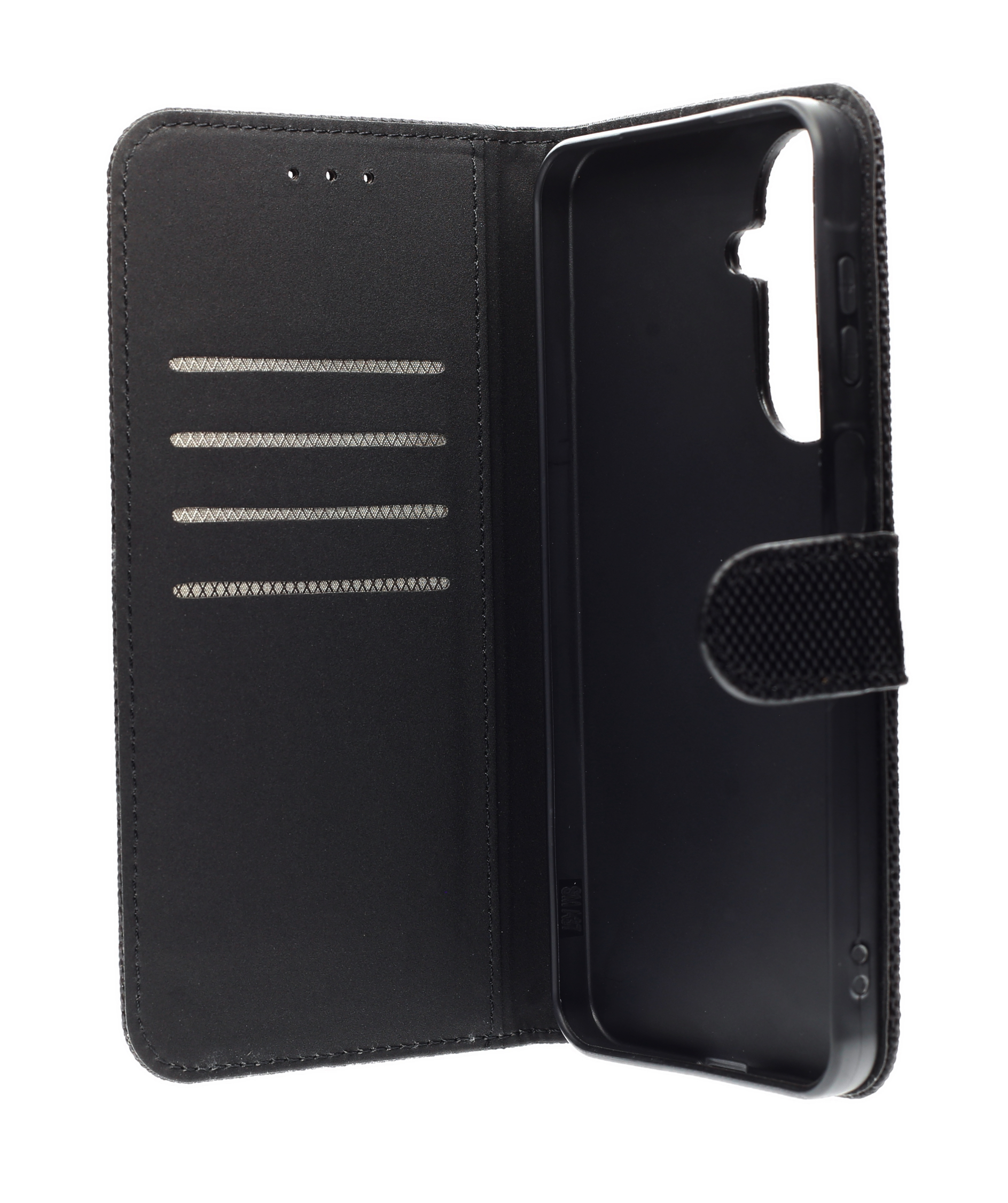 Offene schwarze Brieftaschen-Handyhülle aus Leder mit Kartenfächern und magnetischem Verschluss.