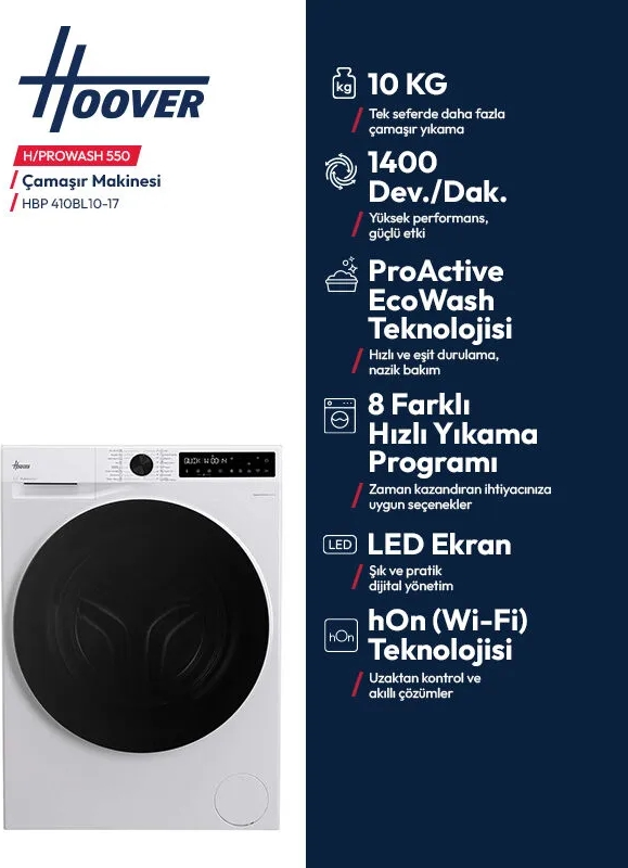 HOOVER HBP 410BL10-17  - 1400 Devir 16 Programlı Wifi bağlantılı A Enerji Sınıfı 10 kg Çamaşır Makinesi Beyaz