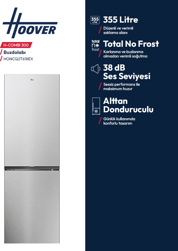 Hoover Combi 300 Inox buzdolabı ve özellikler paneli.