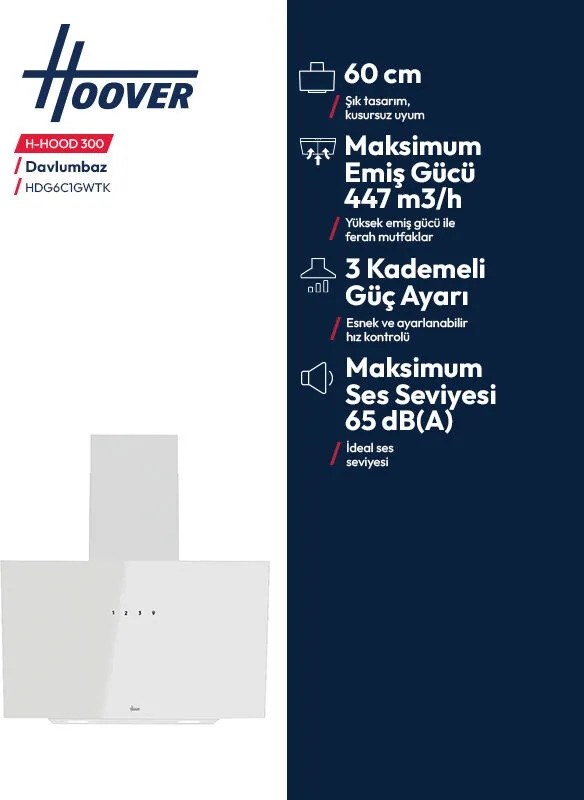 Hoover H-Hood 300 beyaz davlumbaz ve teknik özellikleri.