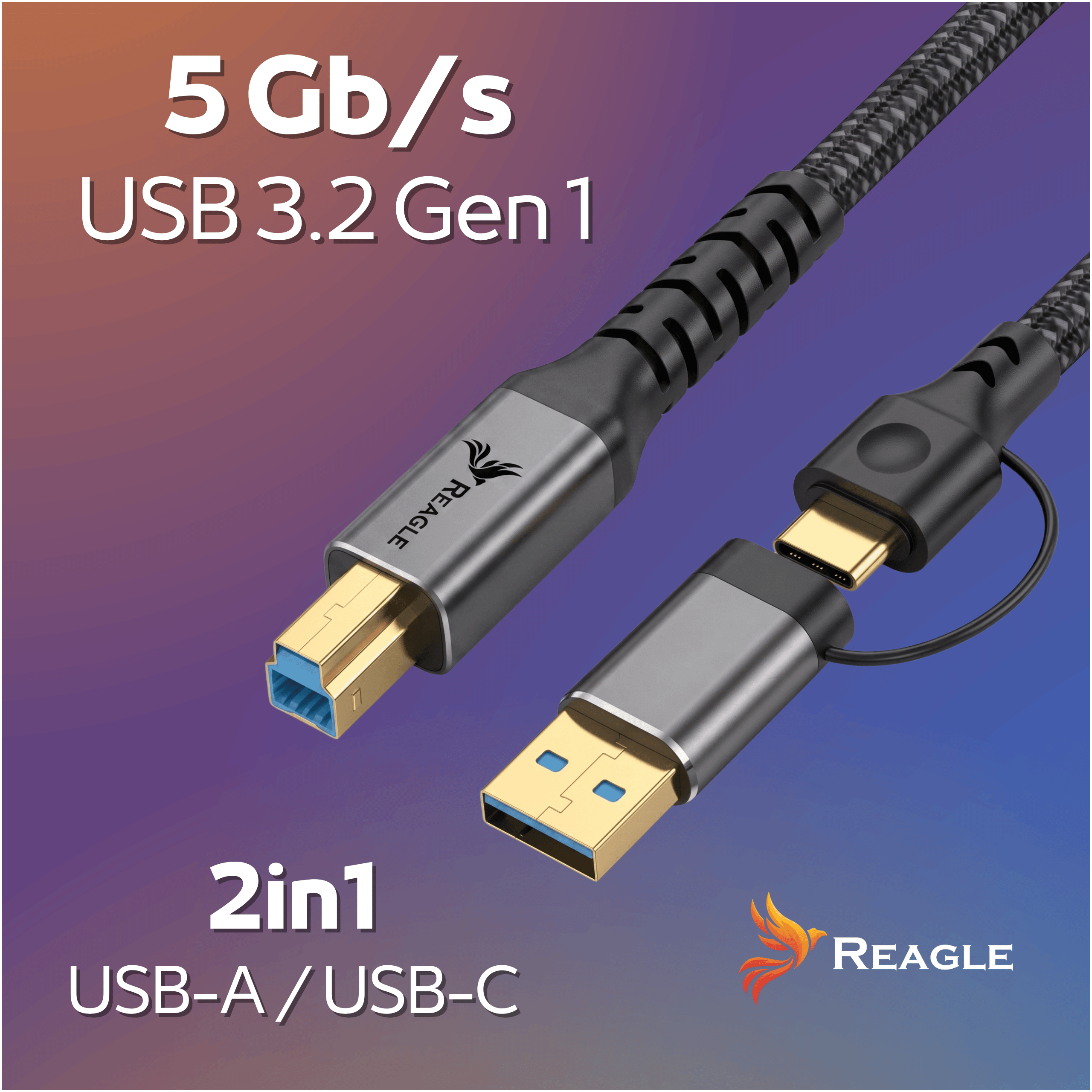 Un cable USB 2 en 1 con conectores USB-A y USB-C sobre un fondo degradado azul y púrpura.