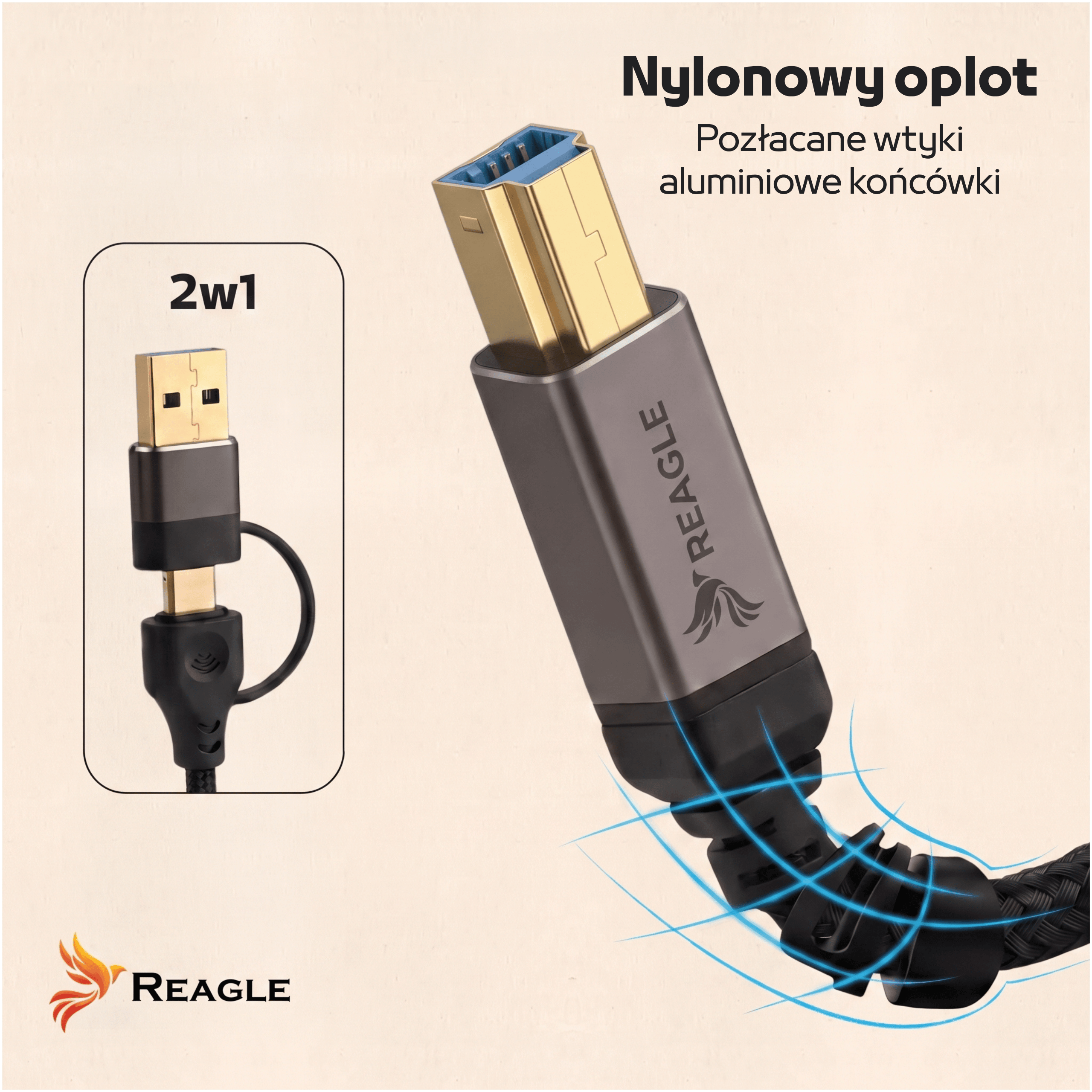 Cable USB dorado con logotipo Reagle y trenzado de nailon sobre fondo beige.
