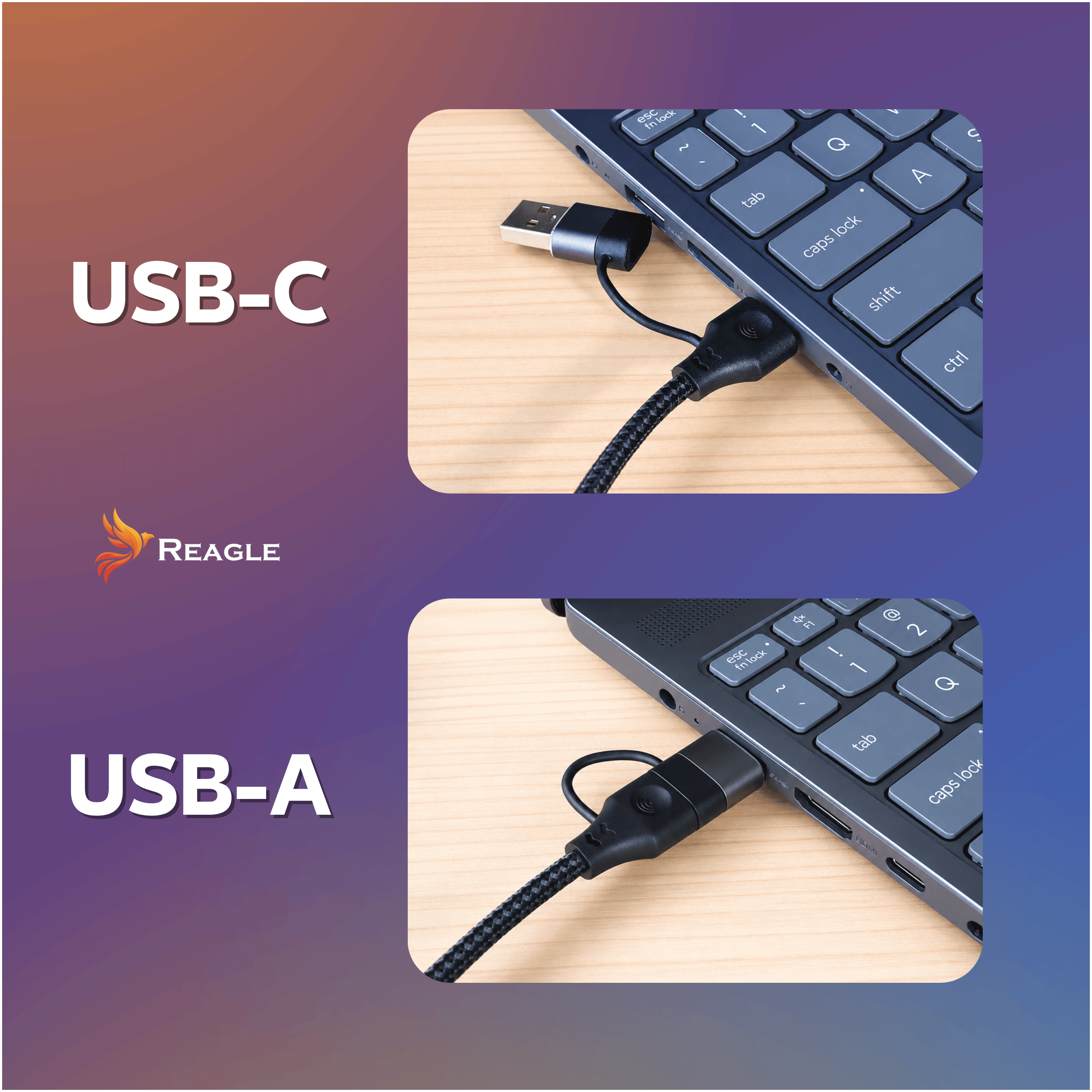Un cable con adaptadores USB-C y USB-A conectado a un portátil en un escritorio.