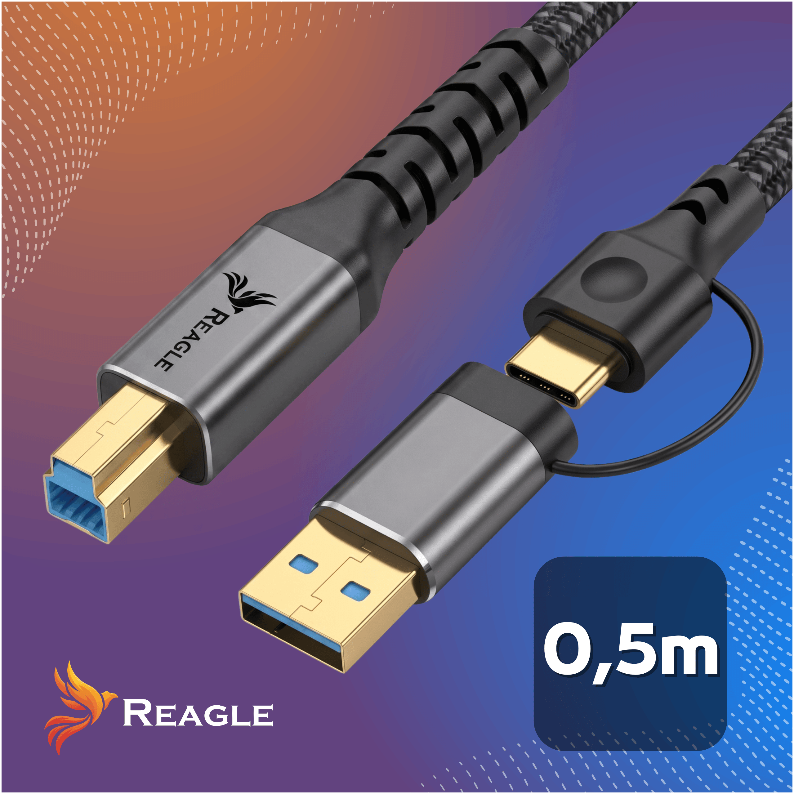 Cable USB Reagle con conectores dorados y etiqueta de 0,5m sobre fondo degradado.