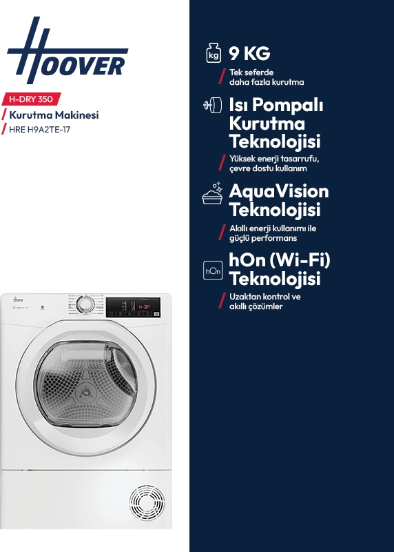 Koyu mavi arka planda 9 kg kapasiteli, ısı pompalı ve Wi-Fi teknolojili beyaz Hoover H-DRY 350 kurutma makinesi.