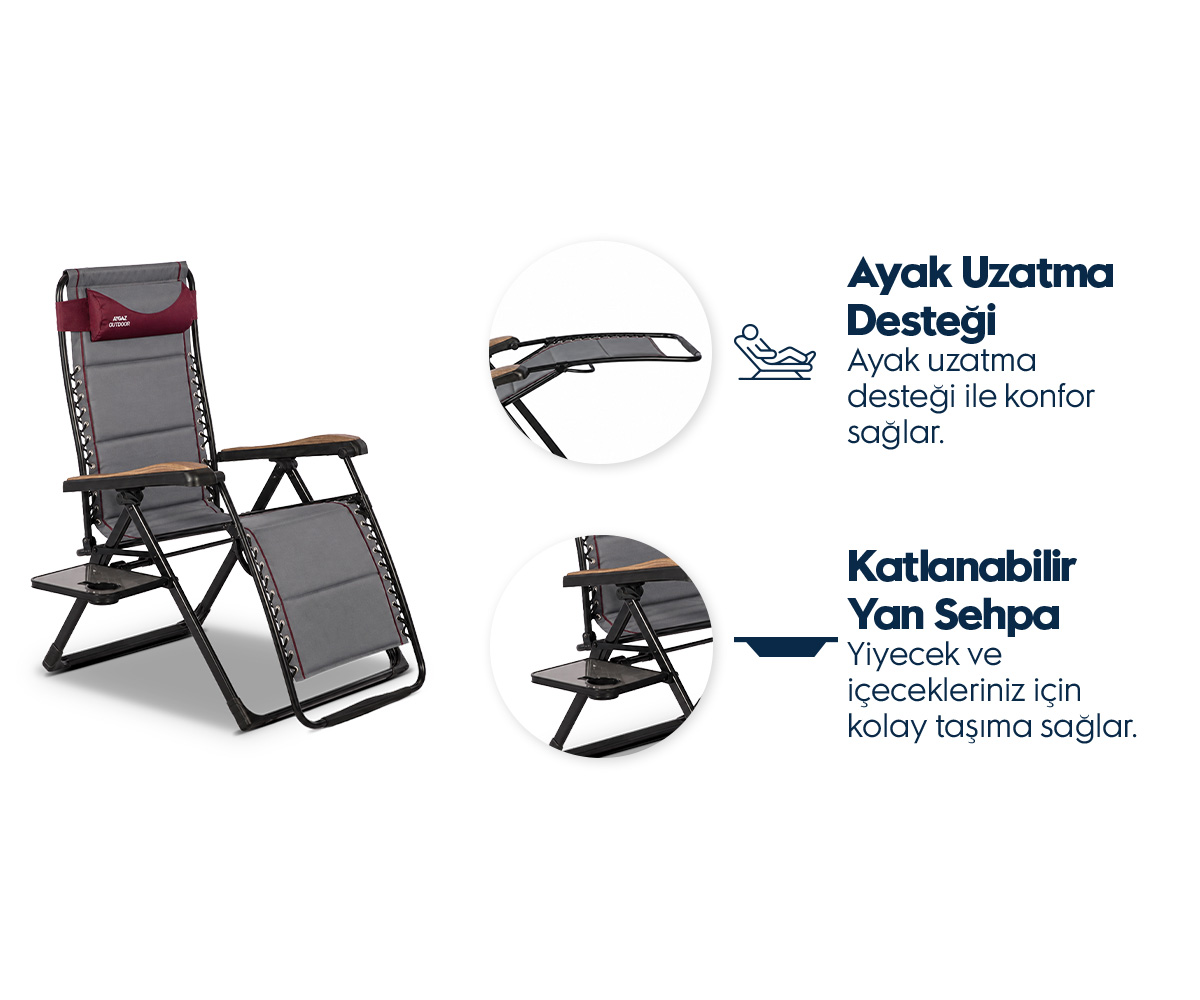 Ayak uzatma desteği ve sehpası olan gri dış mekan şezlongu, iki detay dairesi ve Türkçe yazılar i çeriyor.