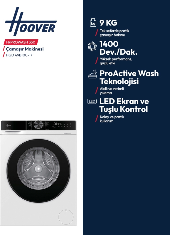 9 kg kapasiteli ve LED ekranlı Hoover HGD 49B10C-17 çamaşır makinesi.