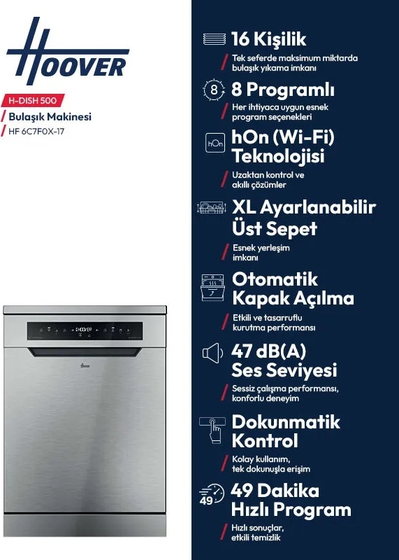 16 kişilik kapasite ve Wi-Fi özellikli gümüş renkli Hoover H-Dish 500 bulaşık makinesi.