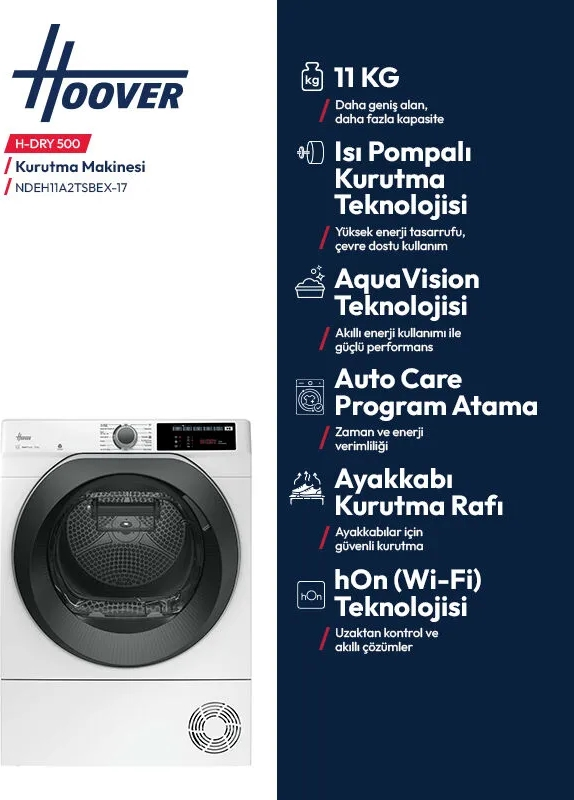 Teknoloji ve özellikleri detaylandıran mavi infografikli beyaz Hoover H-DRY 500 kurutma makinesi.