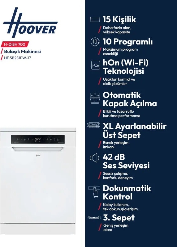 Beyaz Hoover H-DISH 700 bulaşık makinesi ve ürün özelliklerini gösteren reklam.