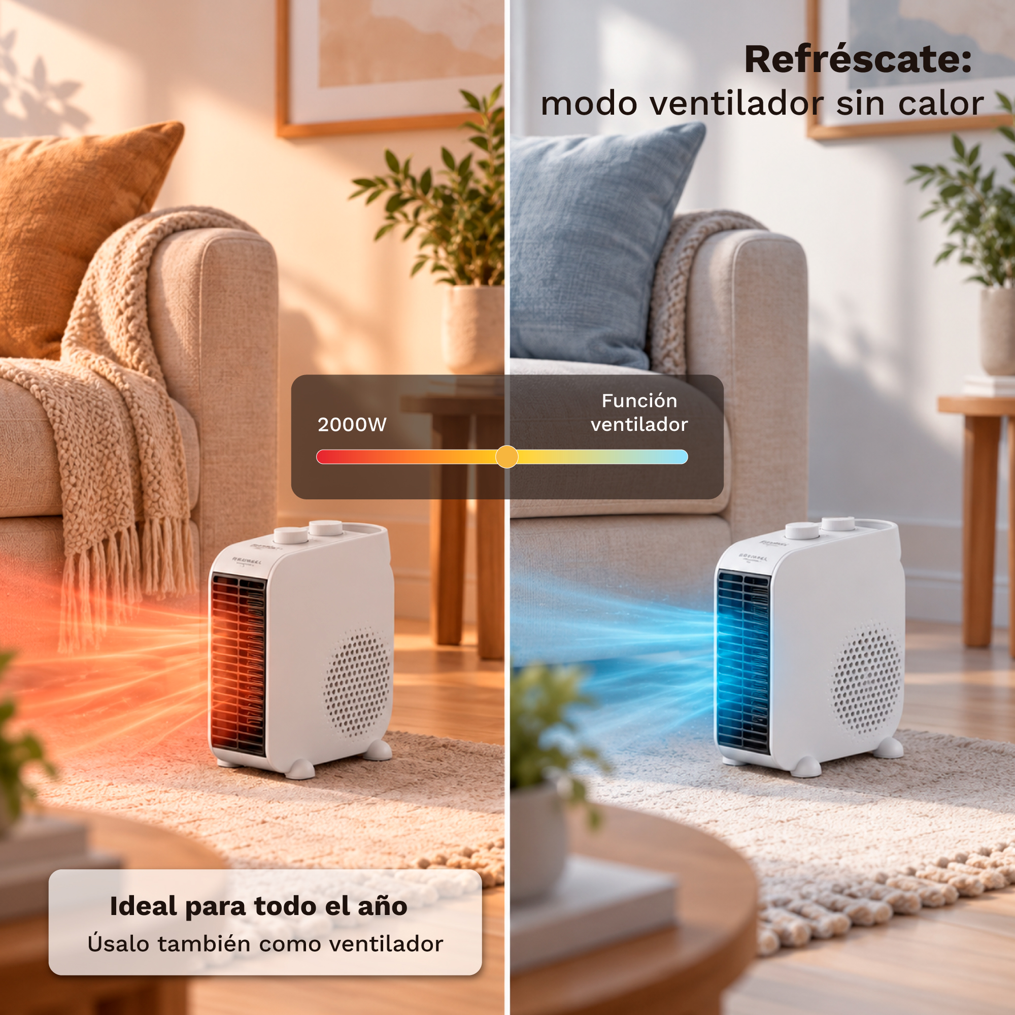 Comparación dividida de un calefactor blanco en una sala mostrando flujo de aire cálido y frío.