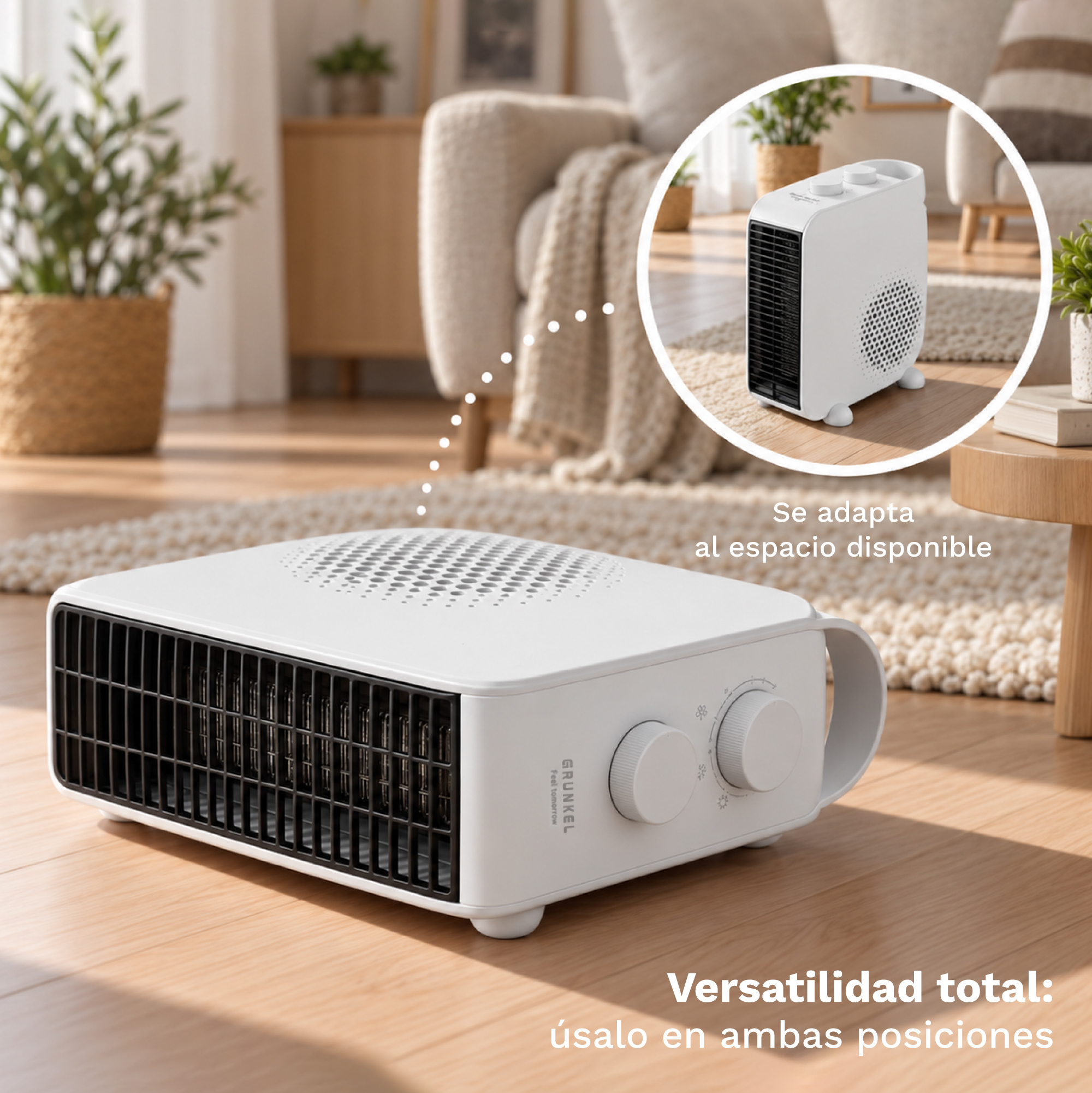 Un calefactor blanco en el suelo de madera, utilizable en horizontal y vertical.