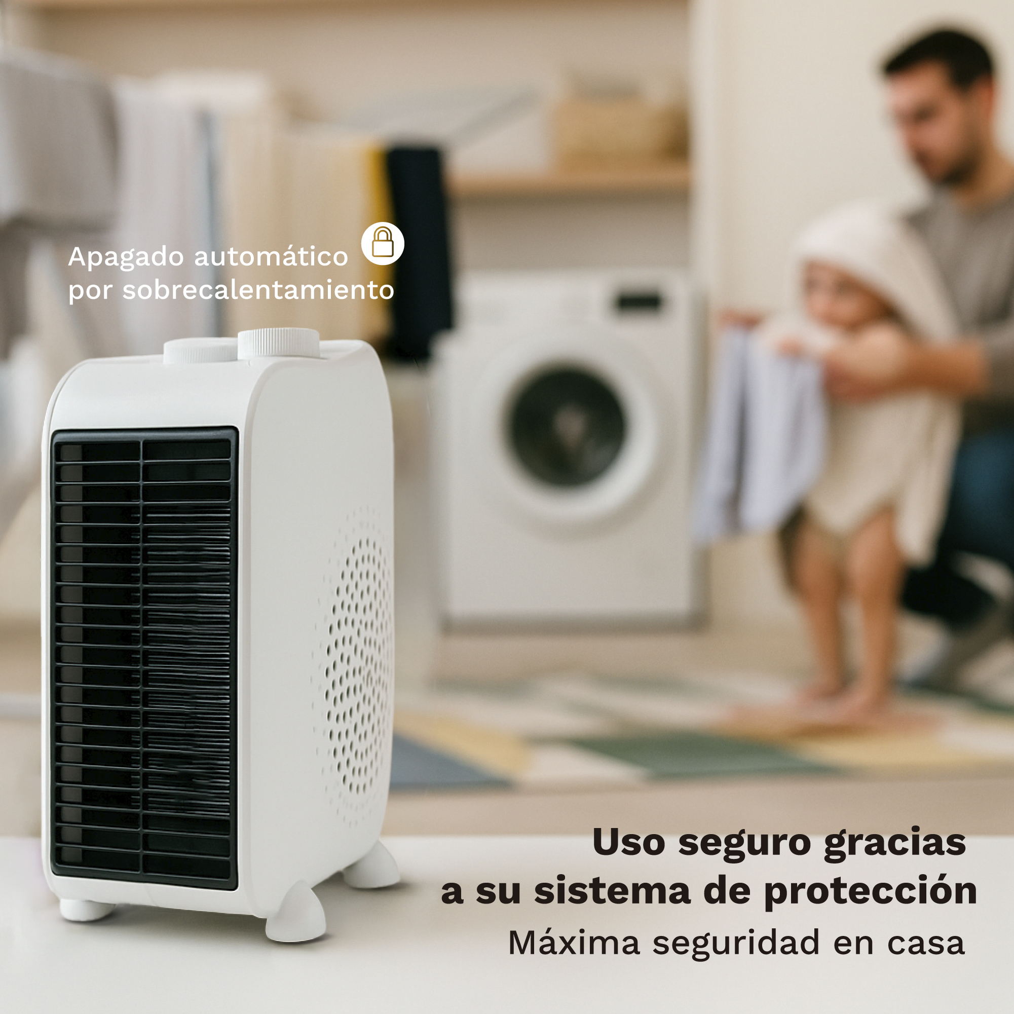 Un calefactor blanco en primer plano, con un hombre y un niño en un fondo borroso con una lavadora.