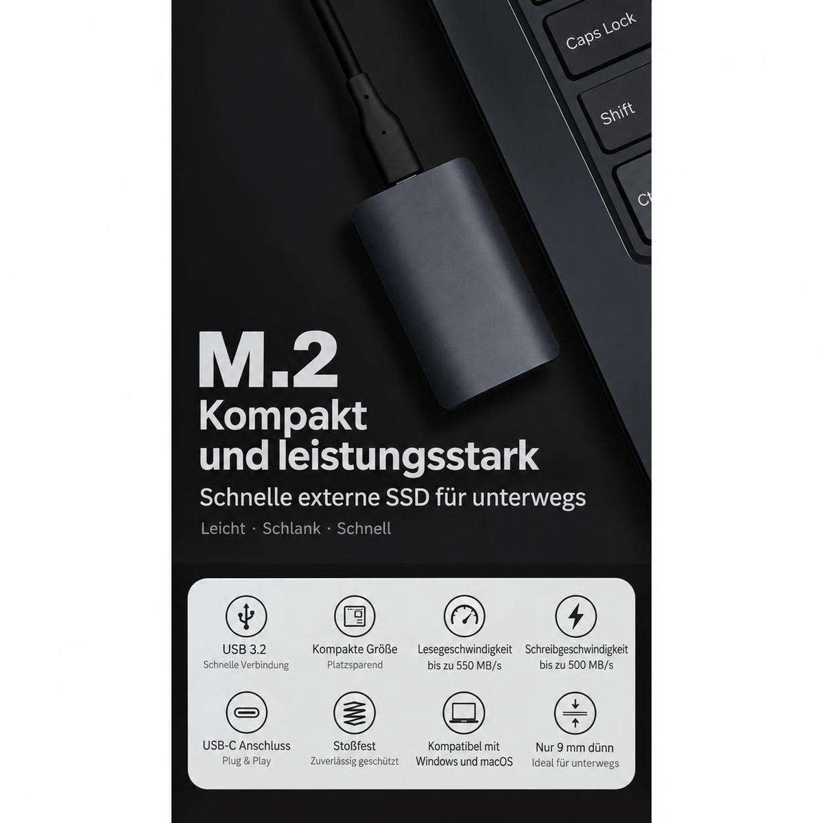 Kompakte graue M.2 SSD mit USB-C Kabel neben einer Laptop-Tastatur, ergänzt durch technische Features.