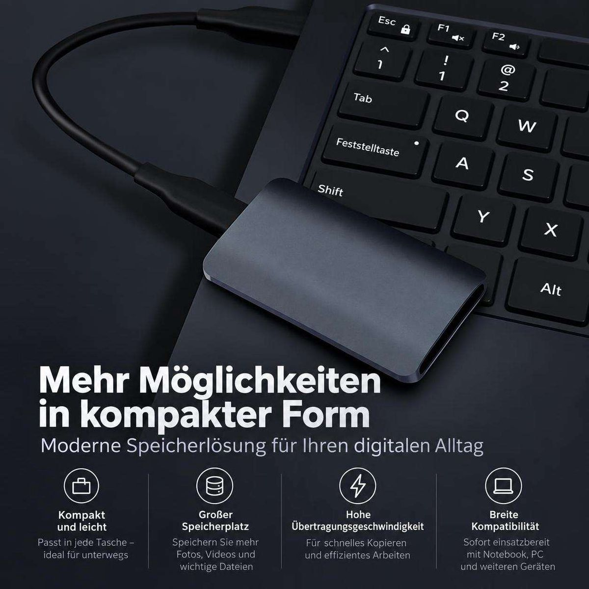 Ein grauer SSD-Adapter liegt auf einer schwarzen Tastatur neben Text auf Deutsch mit Icons.