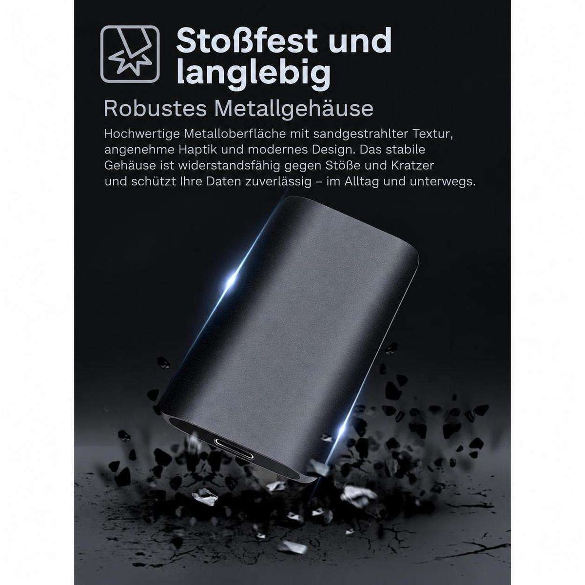 Stöhrfestes, langlebiges Metallgehäuse mit sandgestrahlter Textur und moderner Designpräsentation auf schwarzem Grund.