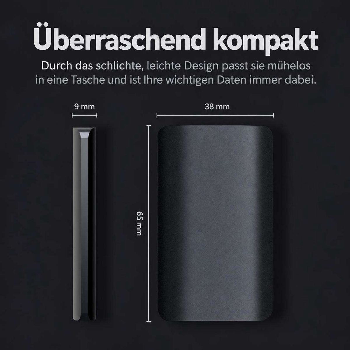 Schwarze, kompakte Festplatte mit Maßen von 65x38x9 mm und Text auf Deutsch.