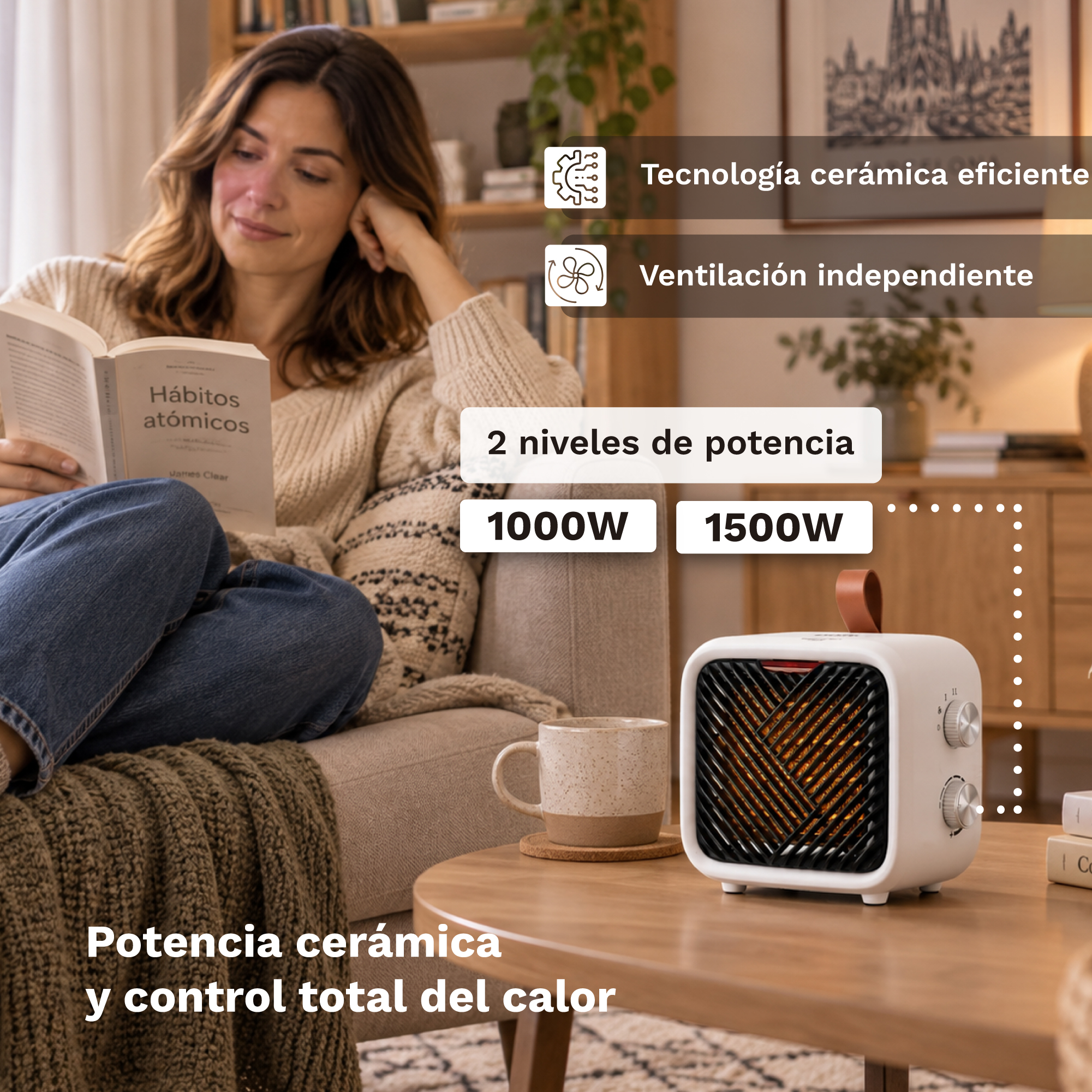 Una mujer lee un libro en un sofá junto a un calefactor cerámico blanco y una taza de café en una mesa.