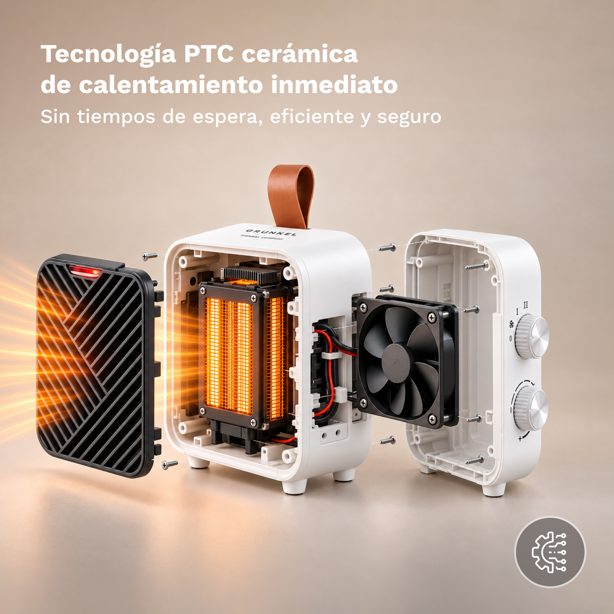 Vista explosionada de un calefactor cerámico blanco, mostrando el elemento calefactor PTC, ventilador y carcasa.