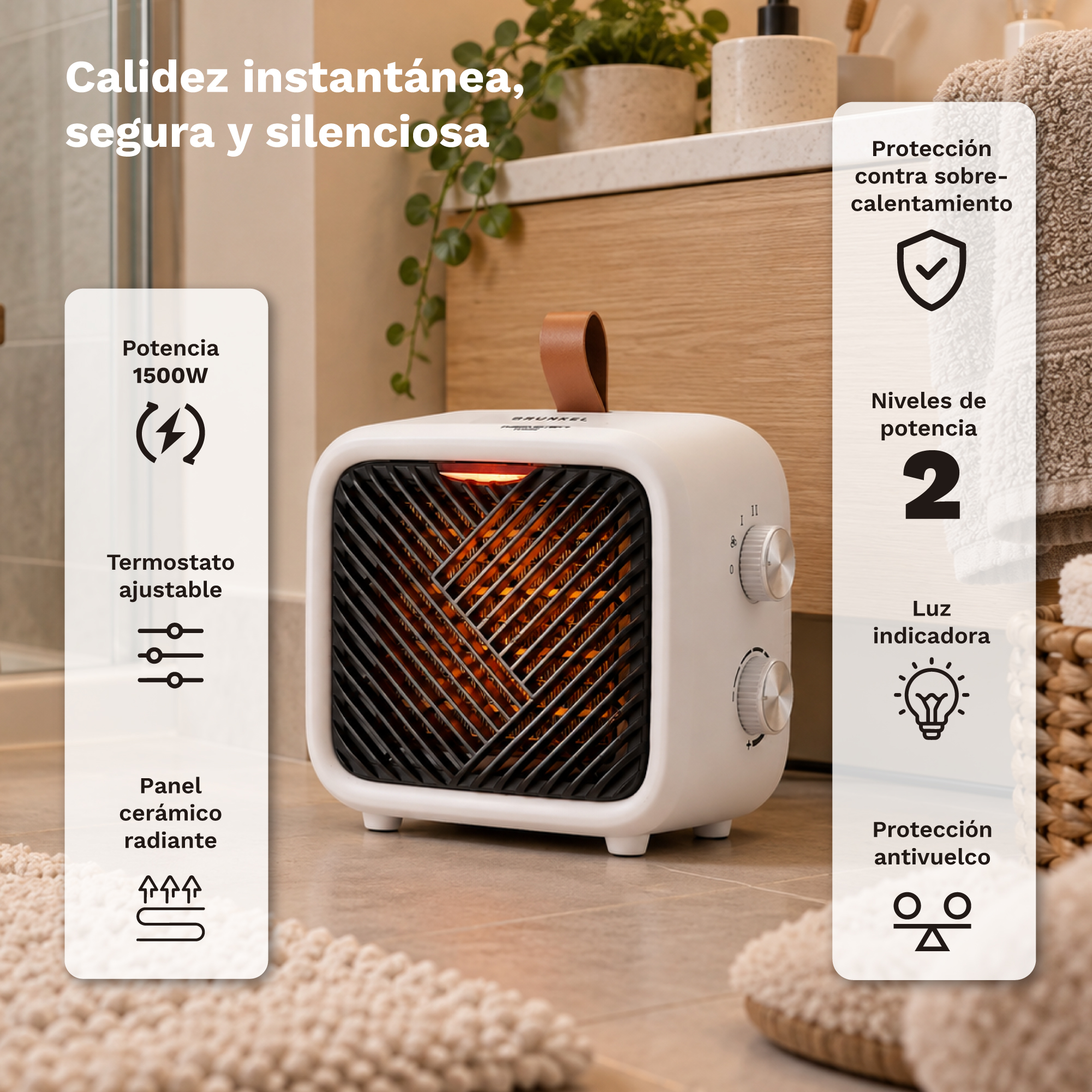 Calefactor portátil blanco con asa de cuero marrón y rejilla negra, rodeado de cuadros de texto en español.