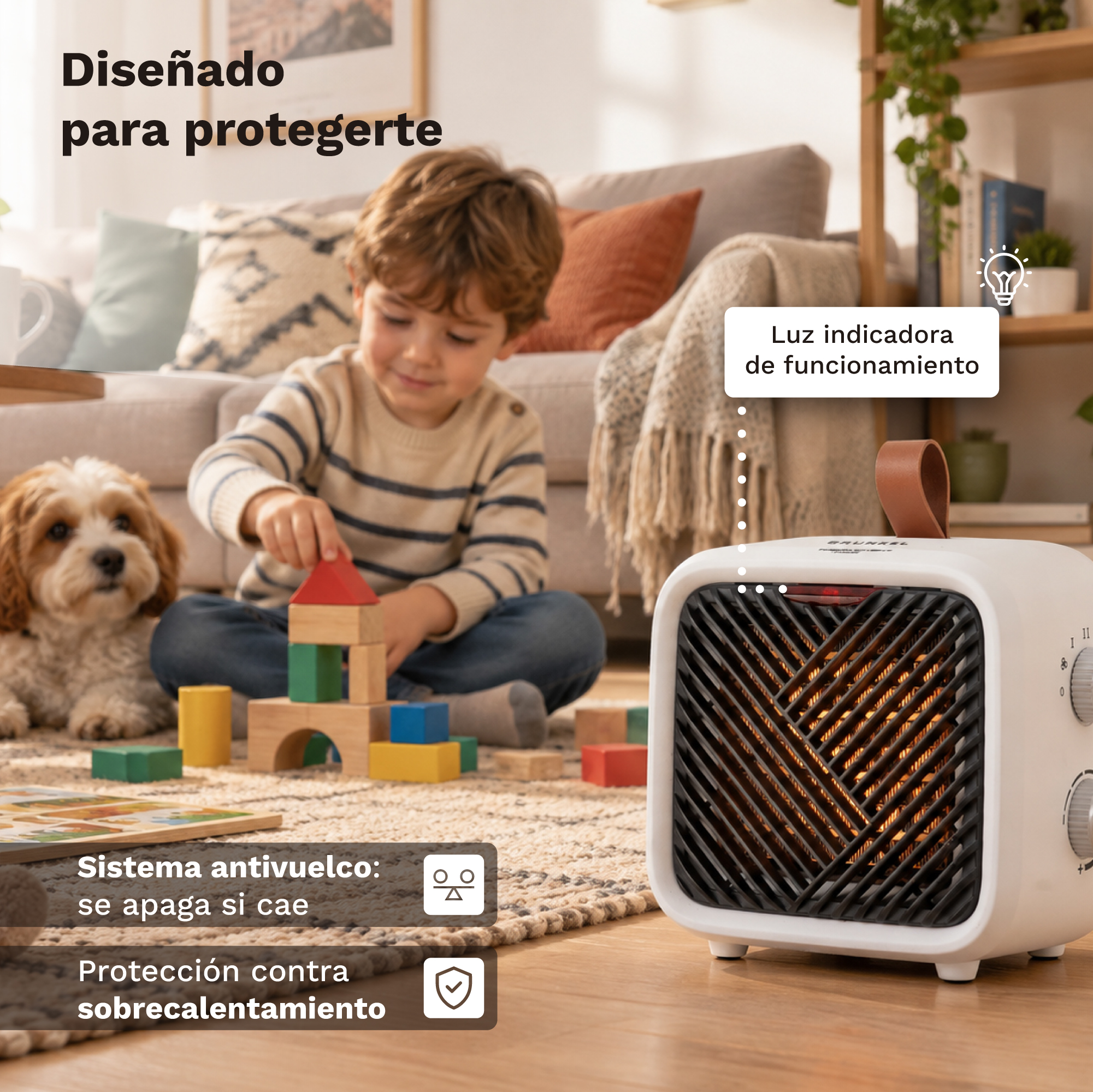 Niño pequeño juega con bloques junto a un perro y un calefactor blanco en una sala.