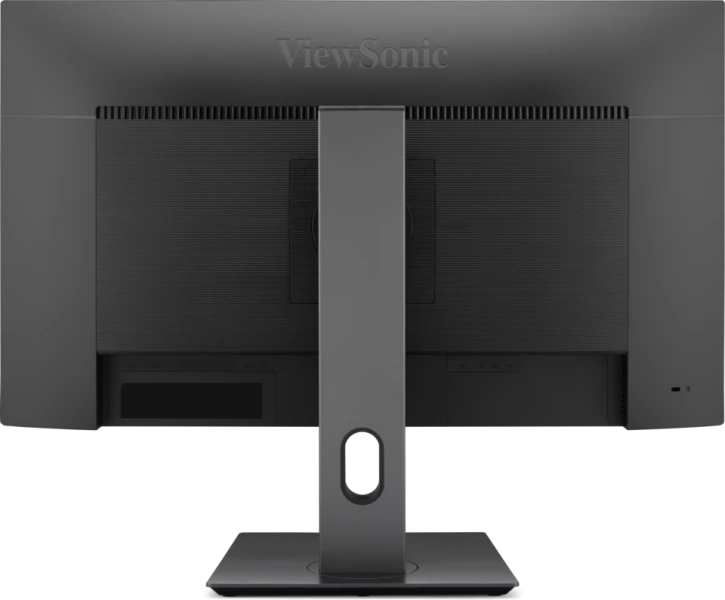 Rückseite eines schwarzen ViewSonic-Monitors mit Standfuß und Kabelmanagement-Öffnung.