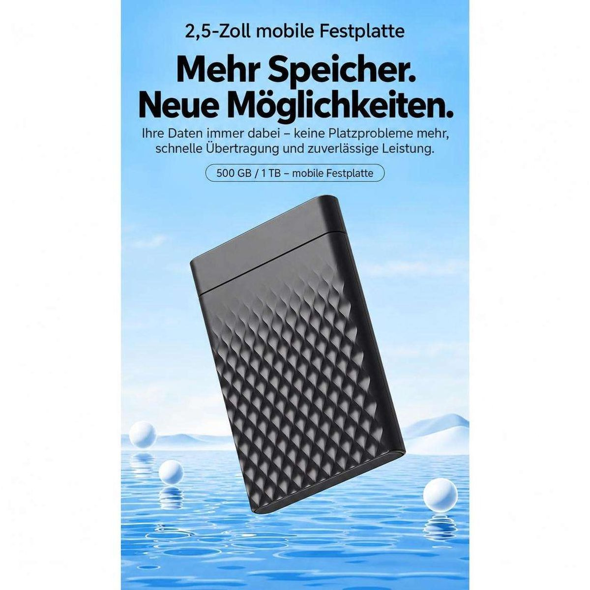 Schwarze externe Festplatte vor blauem Hintergrund mit Text und Kugeln.