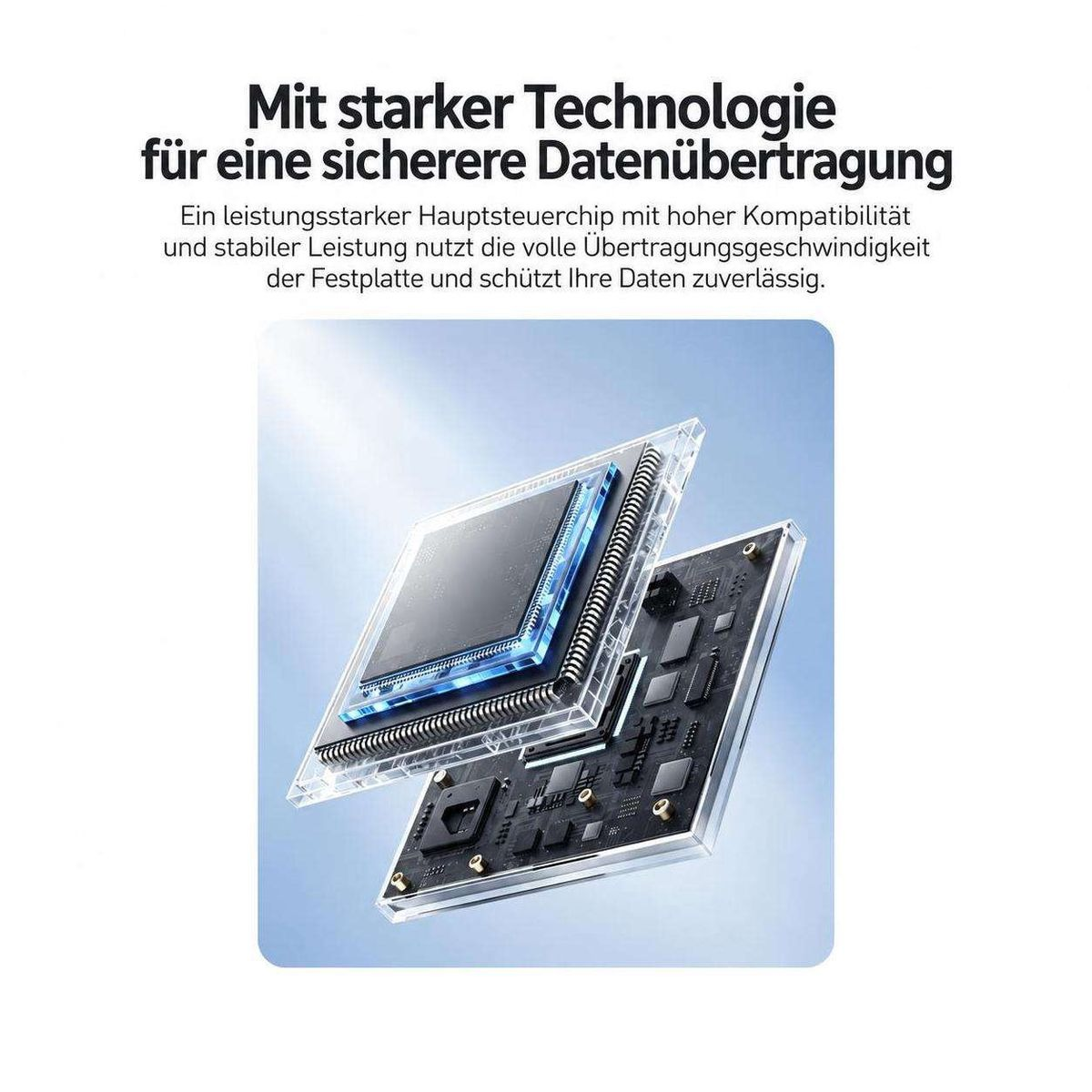Technologiebild mit Hauptsteuerchip für sichere Datenübertragung und stabiler Leistung.