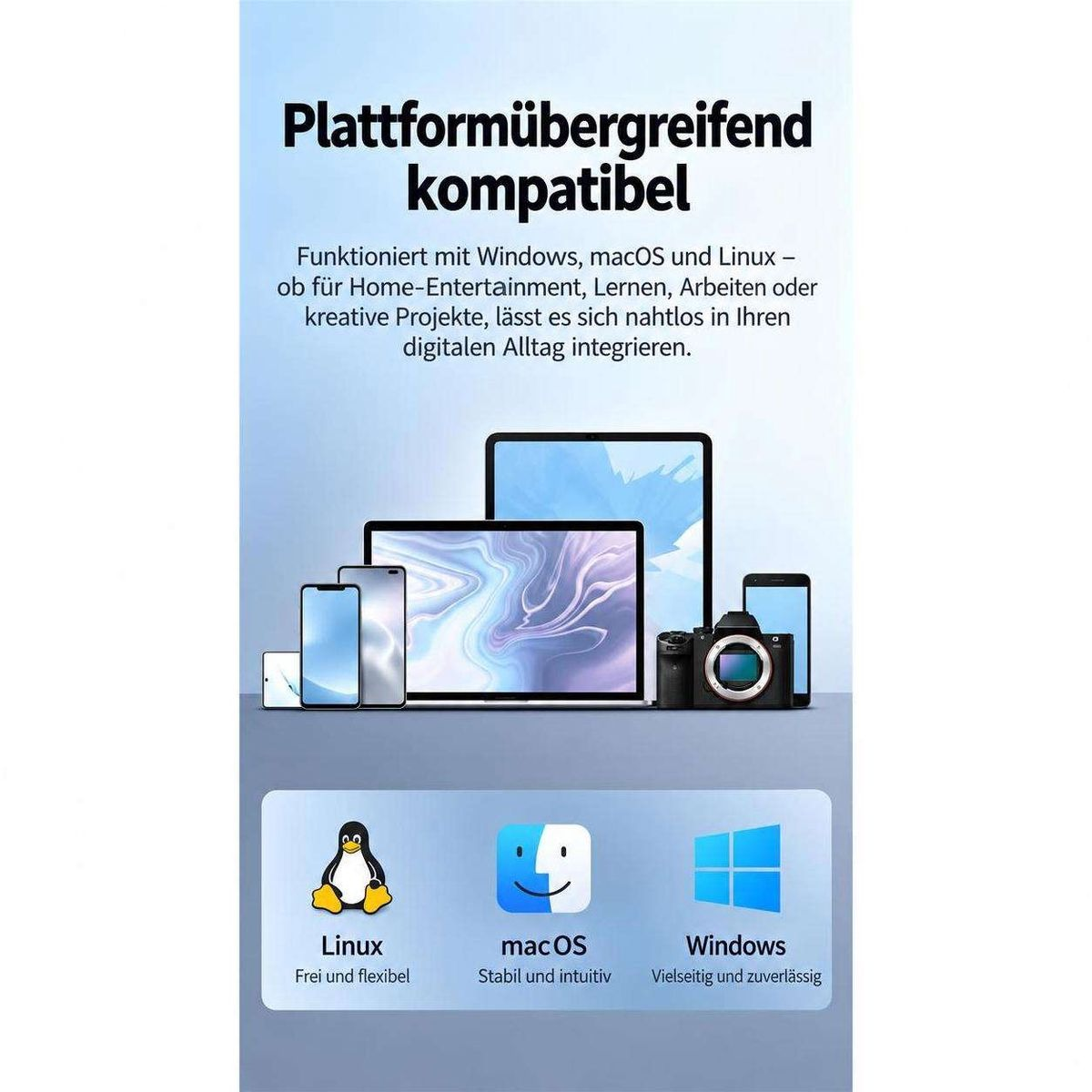 Plattformübergreifender kompatibler Bildschirm mit Symbolen für Linux, macOS und Windows vor blauem Hintergrund.