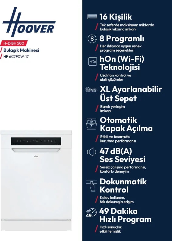 Beyaz renkli Hoover H-Dish 500 bulaşık makinesi ve teknik özellikleri.