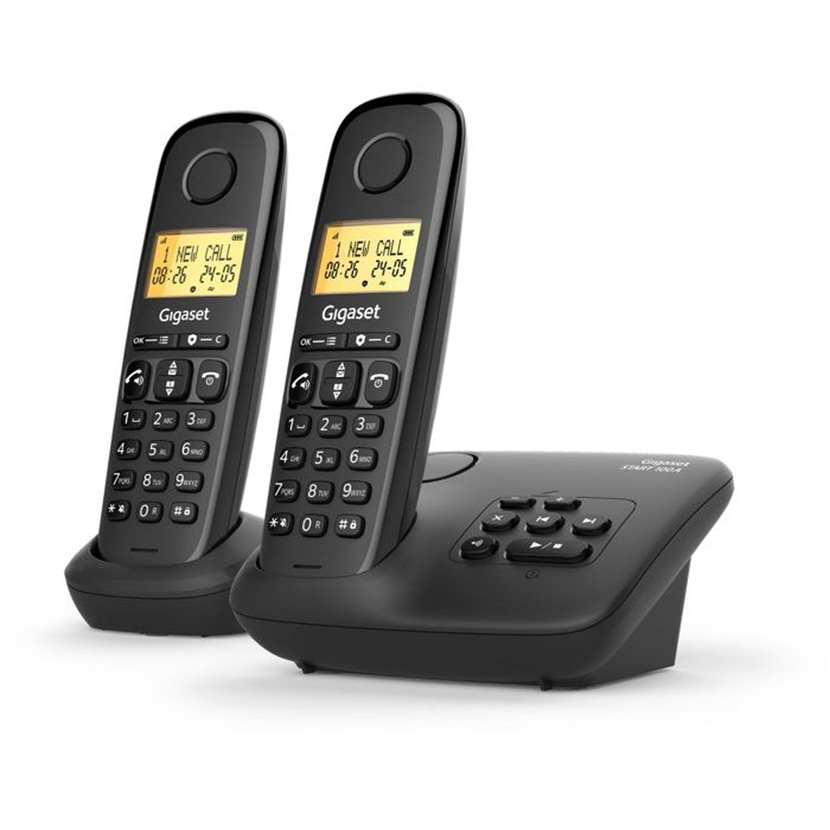 Due telefoni cordless Gigaset neri con schermi digitali e basi di ricarica su sfondo bianco.