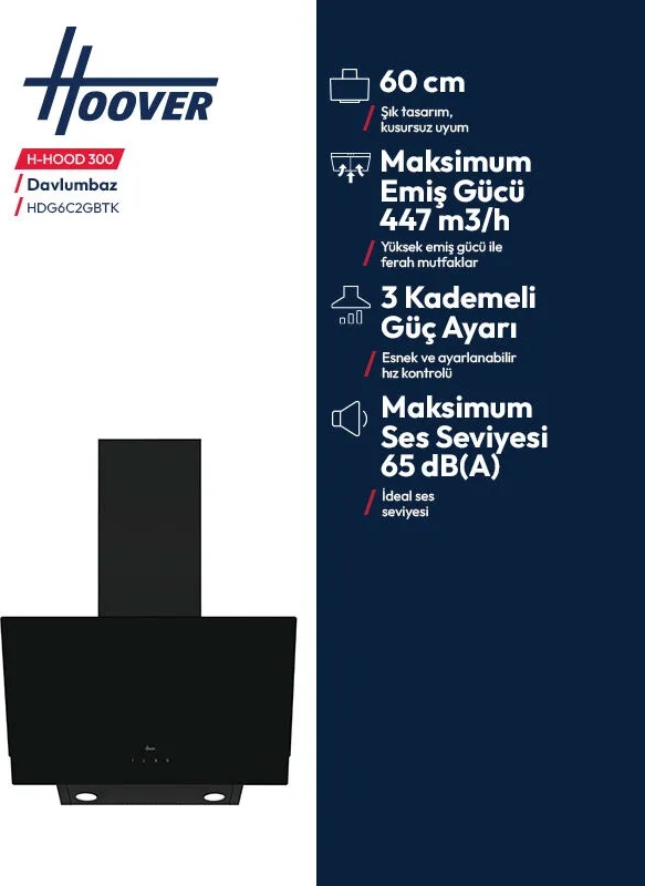 Sağ tarafta teknik özellikleri olan siyah Hoover davlumbaz.
