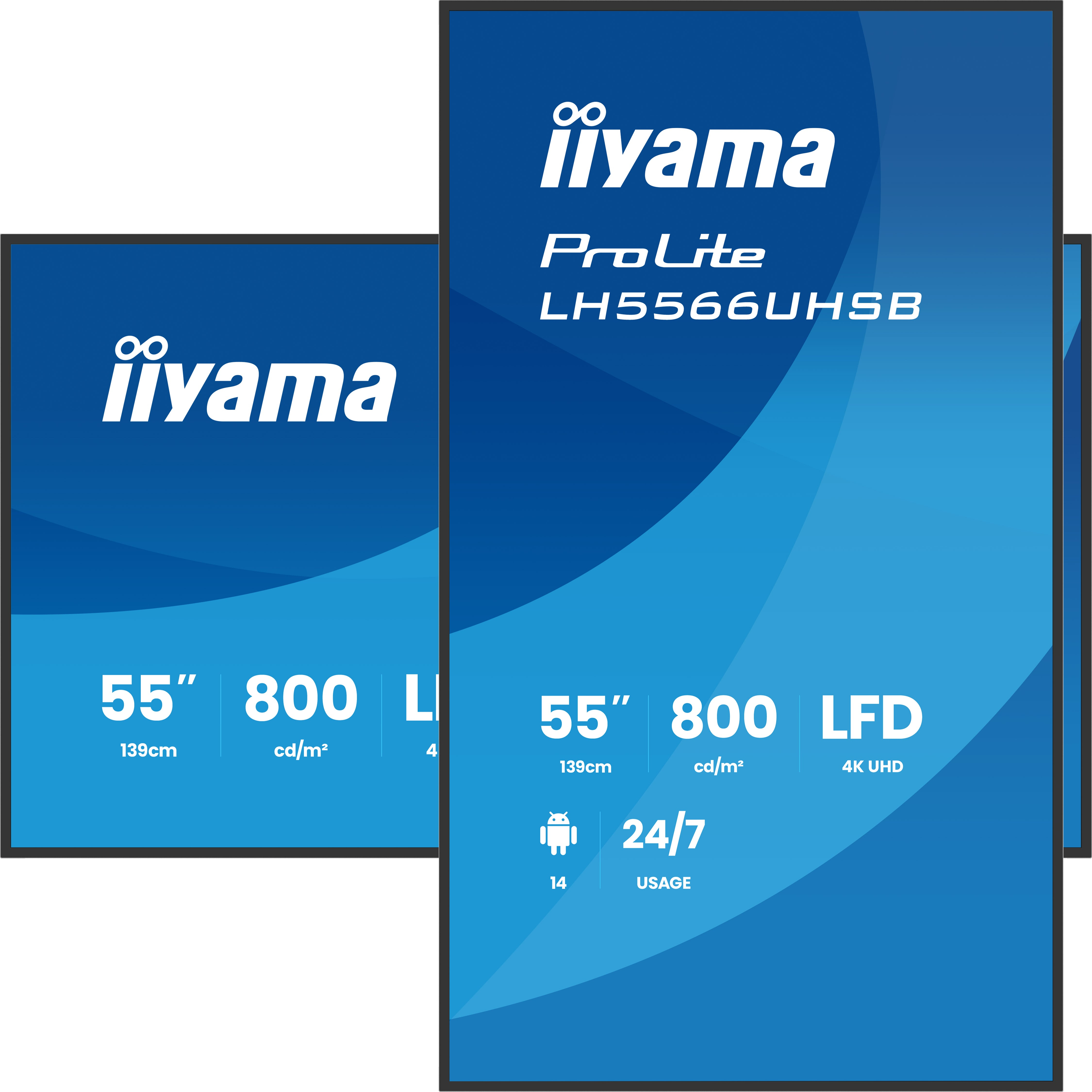 Iiyama ProLite LH5566UHSB 55-Zoll-Monitor mit blauer Grafik und weißen Textdetails.