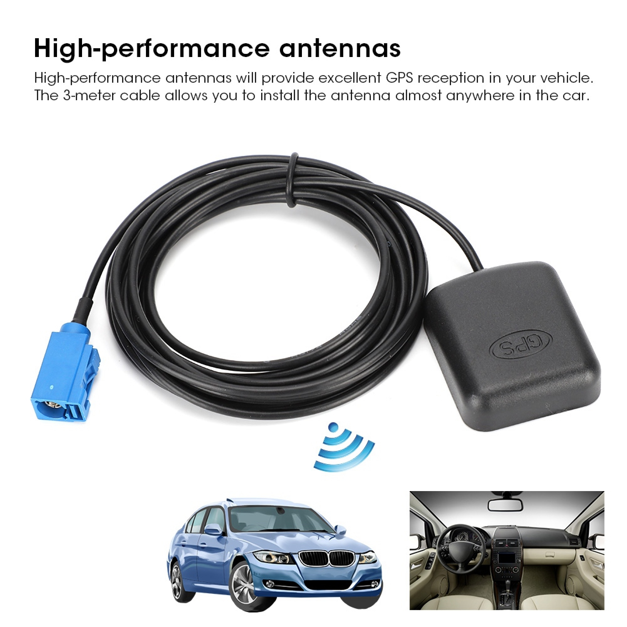 Schwarze GPS-Antenne mit langem Kabel und blauem Stecker, begleitet von Auto-Grafiken.