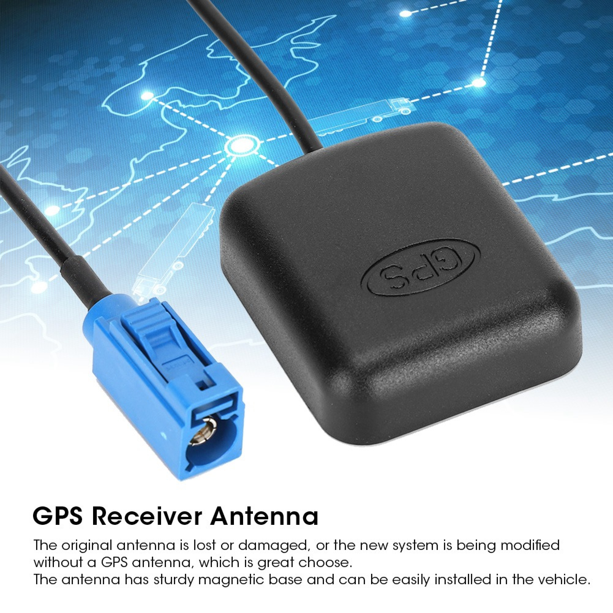 Schwarze GPS-Empfangsantenne mit Magnetfuß und blauem Steckverbinder vor blauem Hintergrund.