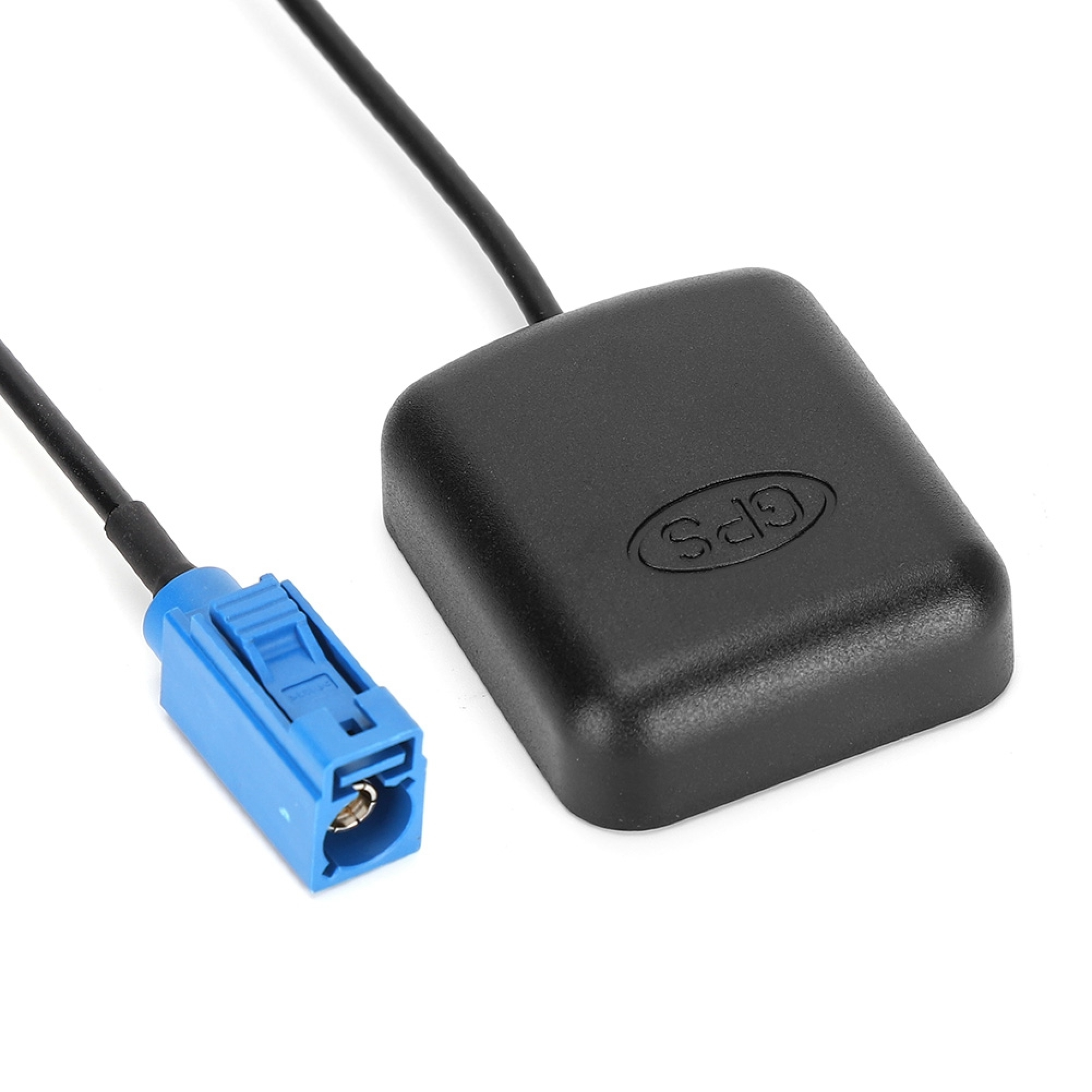 Eine schwarze GPS-Antenne mit schwarzem Kabel und blauem Stecker auf weißem Hintergrund.