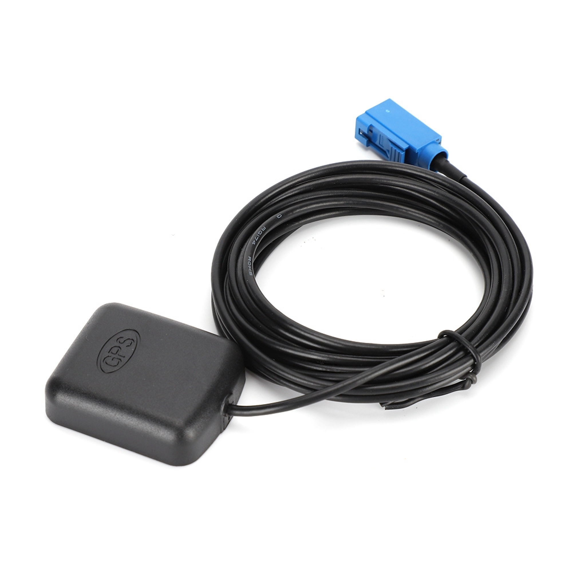 Schwarzes GPS-Modul mit Kabel und blauem Stecker auf weißem Hintergrund.