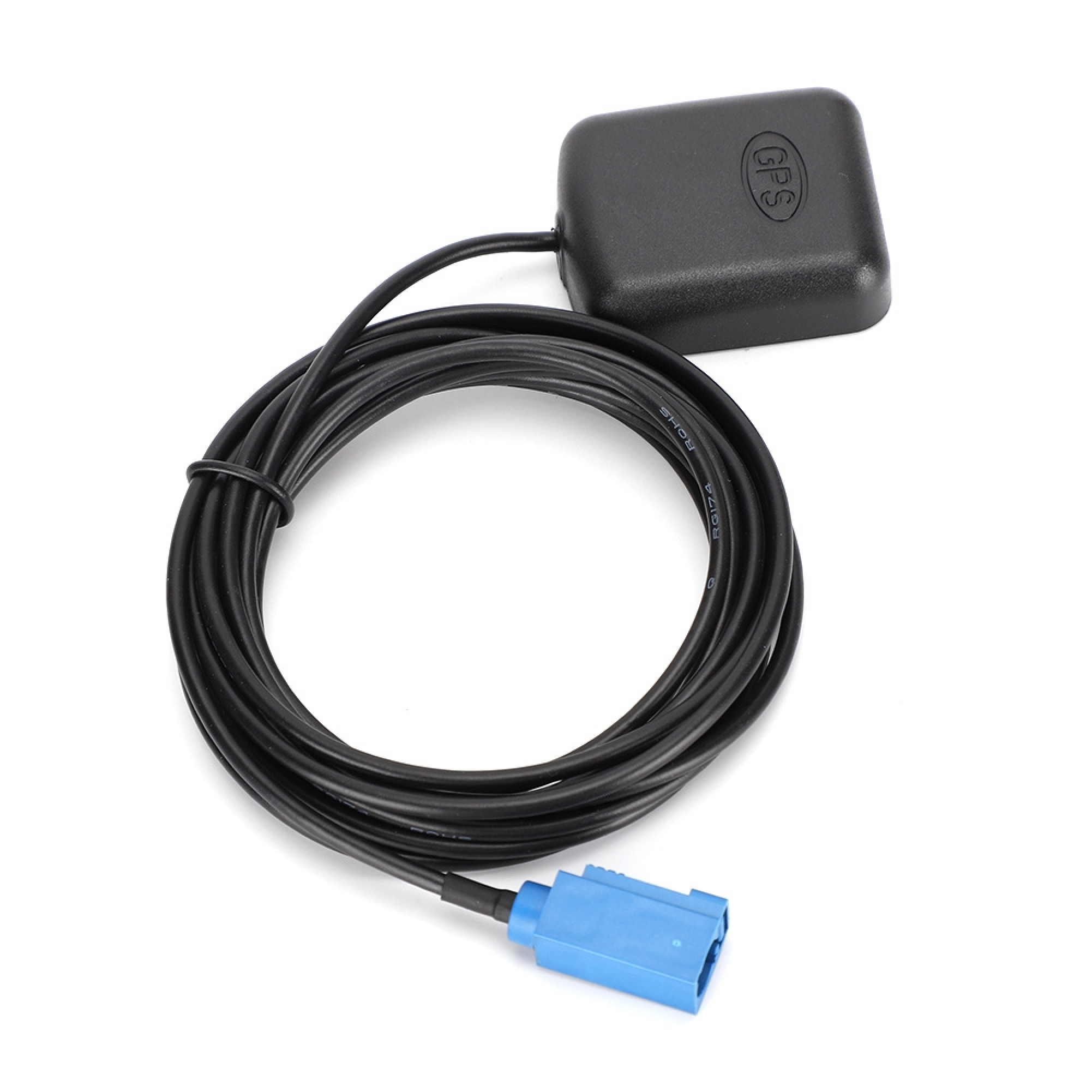 Schwarze GPS-Antenne mit Kabel und blauem Stecker auf weißem Hintergrund.