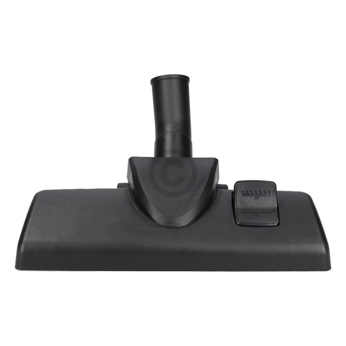 Tête de brosse d'aspirateur noire avec un tube de raccordement vertical et un interrupteur sur fond blanc.