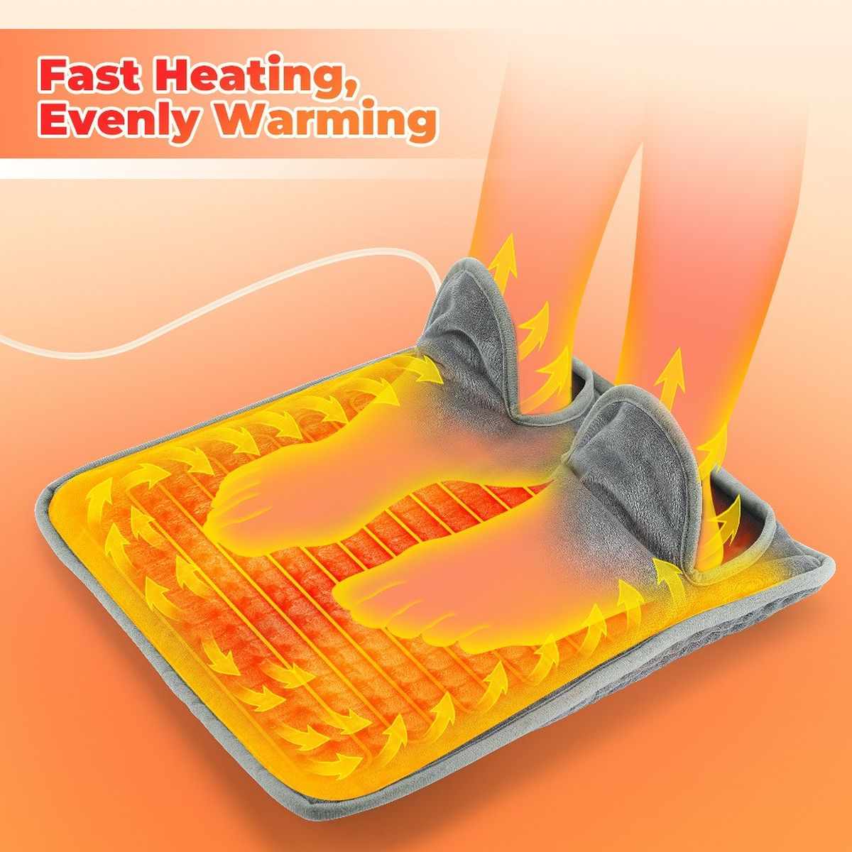 Grauer Fußwärmer mit aufsteigender oranger Hitze, Text Fast Heating, Evenly Warming.
