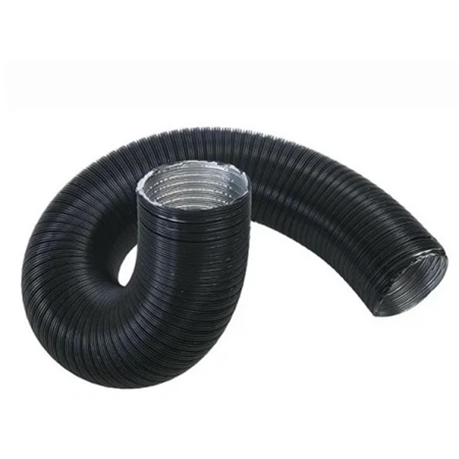 Un condotto di ventilazione flessibile nero si curva su sfondo bianco, mostrando l'interno argento.