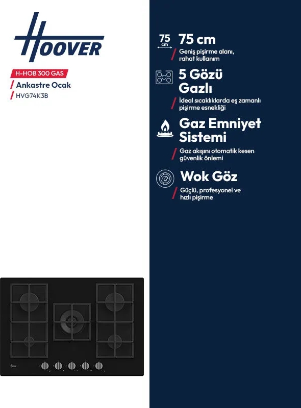 5 gözlü, gaz emniyetli ve wok gözlü 75 cm Hoover ankastre gazlı ocak tanıtım görseli.