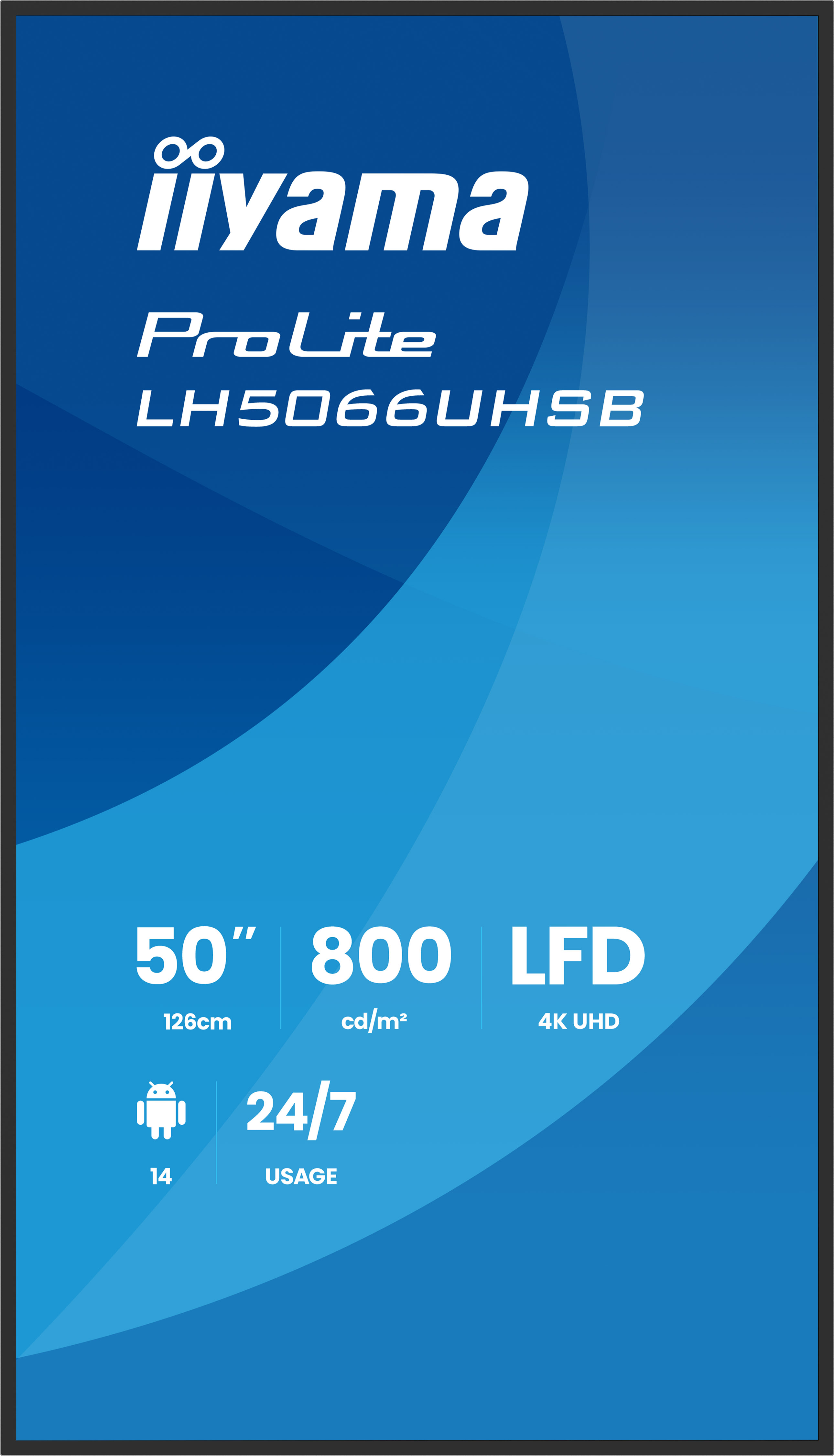 Blauer Bildschirm mit Iiyama ProLite LH5066UHSB, 50 Zoll, 800 cd/m2, LFD, Android 14, 24/7 Betrieb.